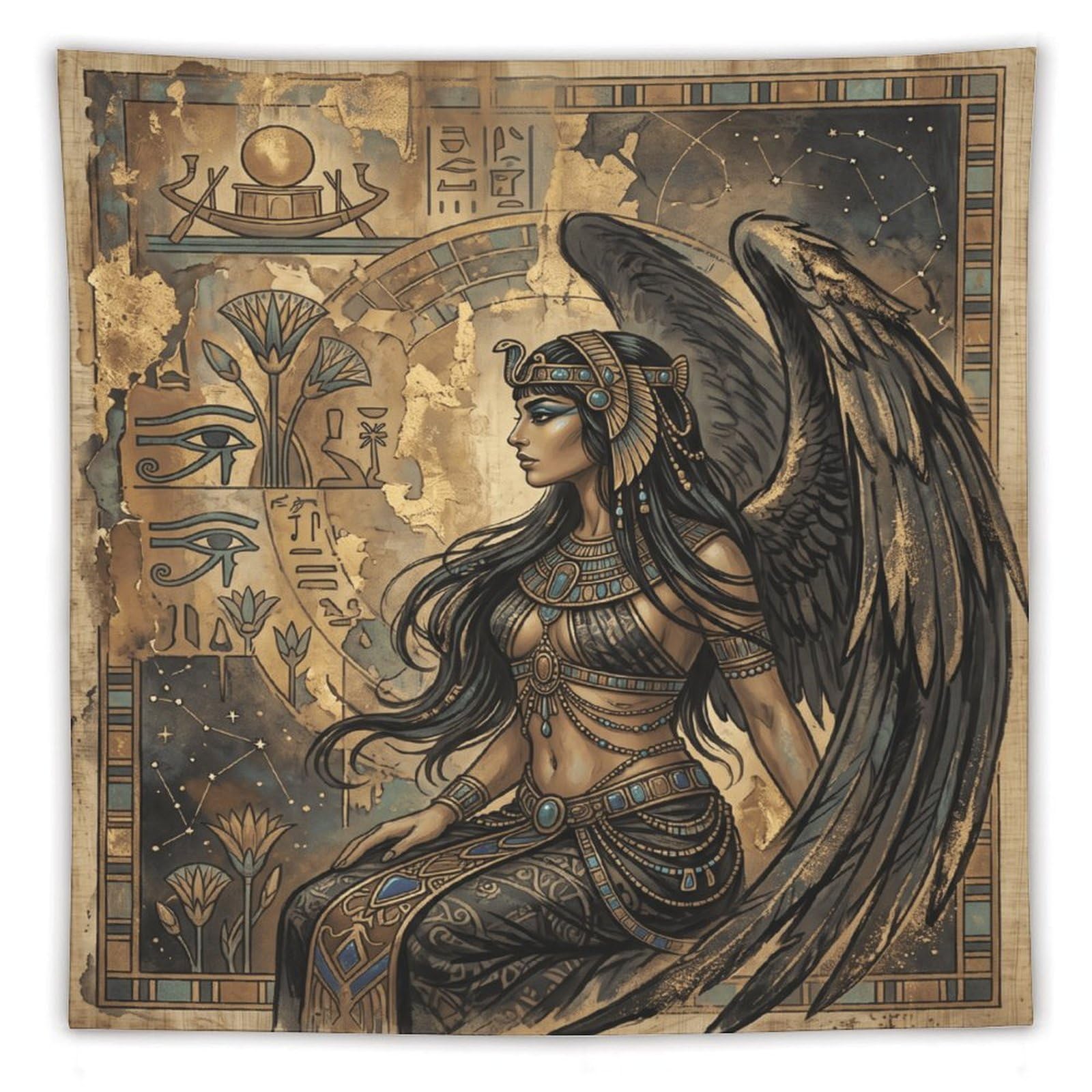 W7C8U2X3 Egyptian Winged Goddess Portrait Wall Tapestry, Sacred Symbols