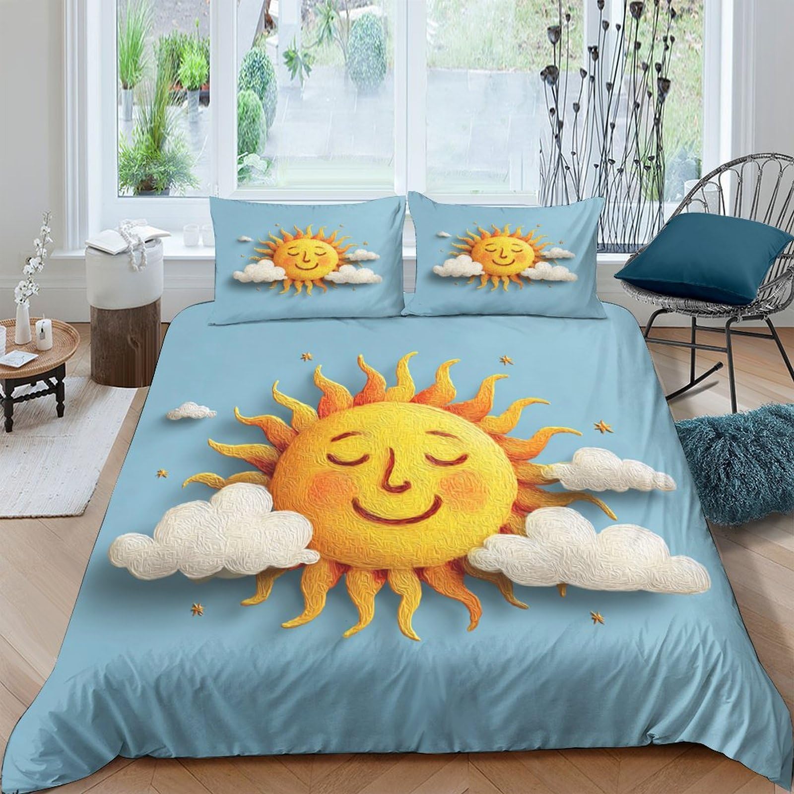 Ctjqhvkz Style-7 3D Printed Cartoon Sun Fitted Sheet Microfiber Blue Cloud Mattress Cover For Bedroom Guest Room Easy Care Single（135X200cm）