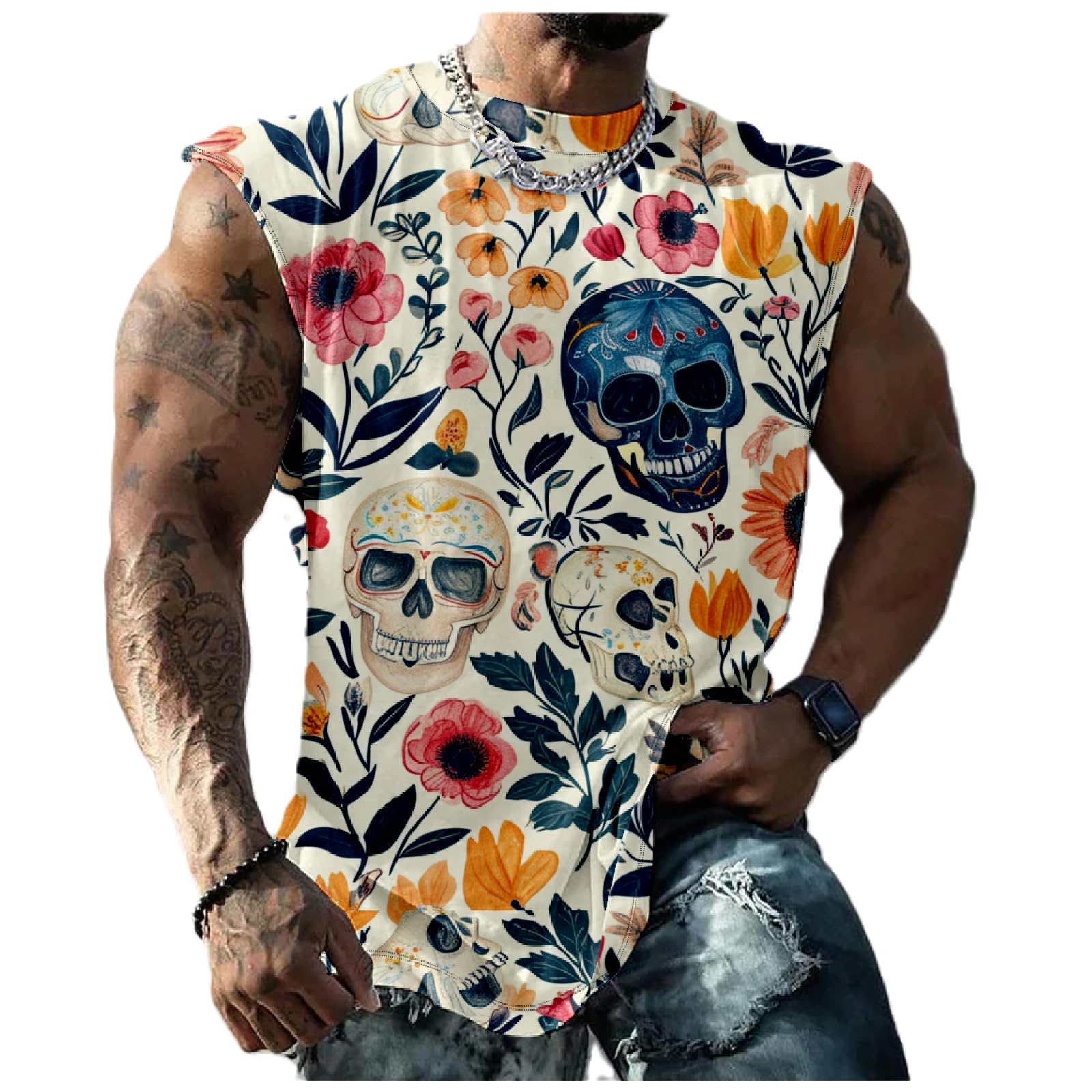 - Graphic Tank Tops Men Skull Printed Sleeveless Summer Oversized Loose Gym Workout Breathable Sportswear