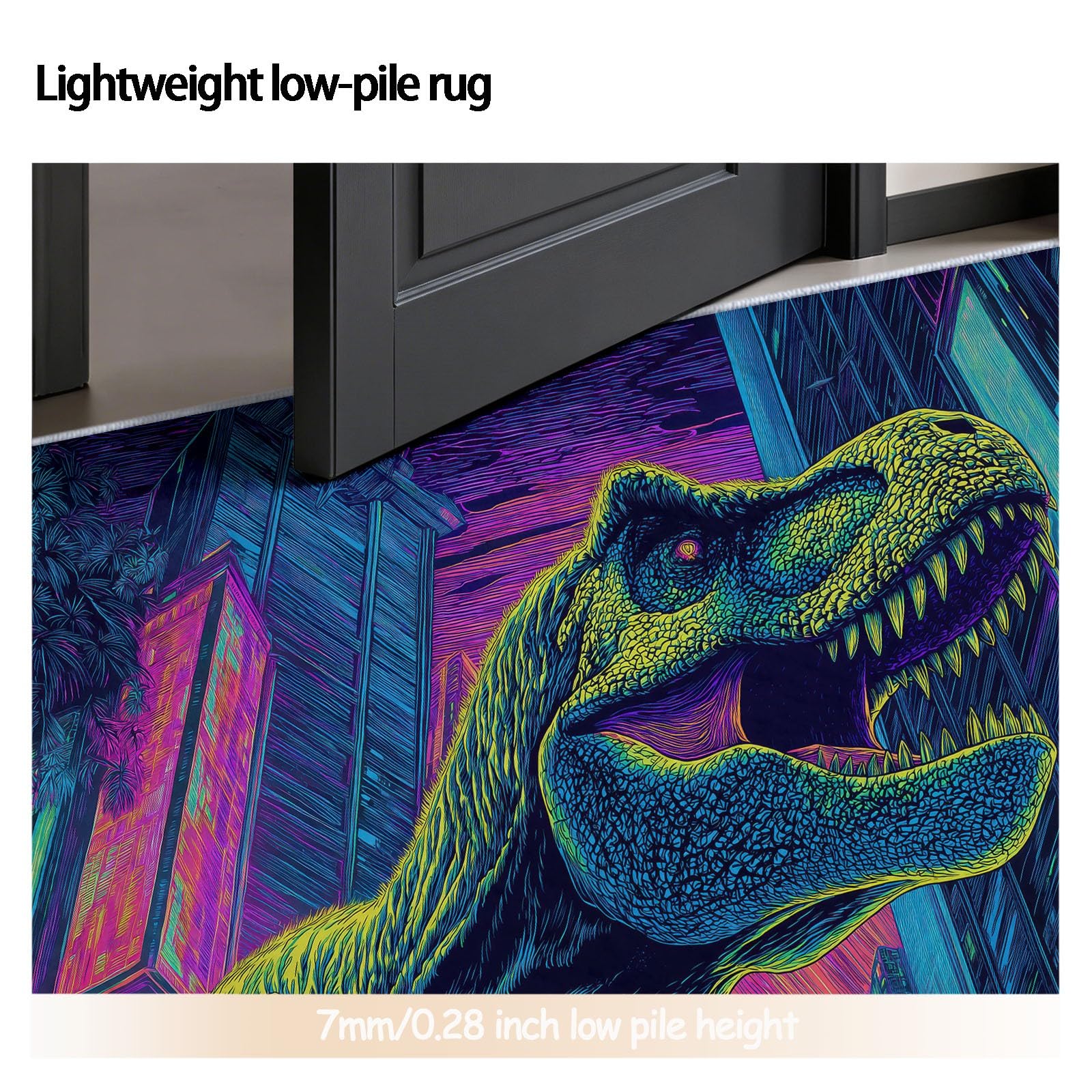 Générique Okrągły dywan do salonu 150 cm zwierzę krajobraz dinozaur T-Rex neon & miasto futurystyczna mata podłogowa antypoślizgowa dekoracja do pokoju gier, wielokolorowy czarny