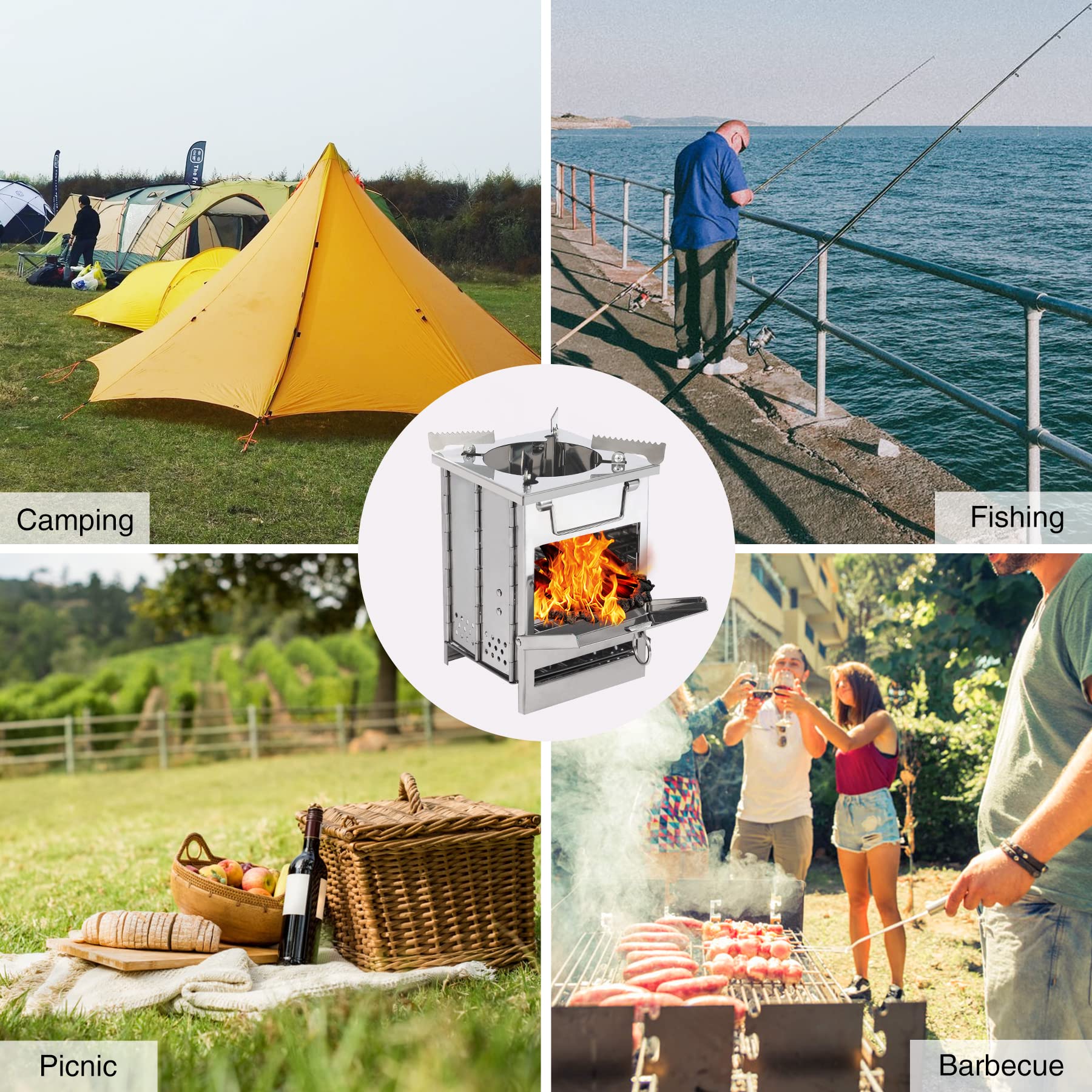 REDCAMP Réchaud de camping à bois avec support de casserole, réchaud pliable en acier inoxydable pour randonnée, pique-nique, barbecue, cuisine en plein air