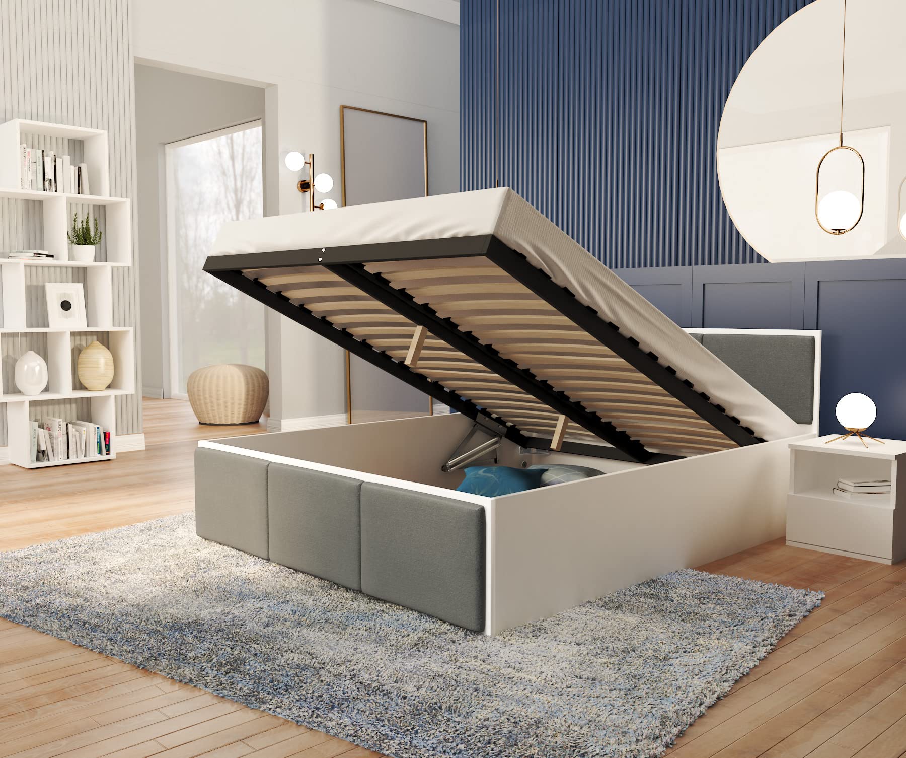 FurnitureByJDM Bett 120x200 mit Stauraum & Gepolsterte Einsätze – Doppelbett mit Bettkasten und aufklappbarem Lattenrost – Stauraumbett mit Liftfunktion