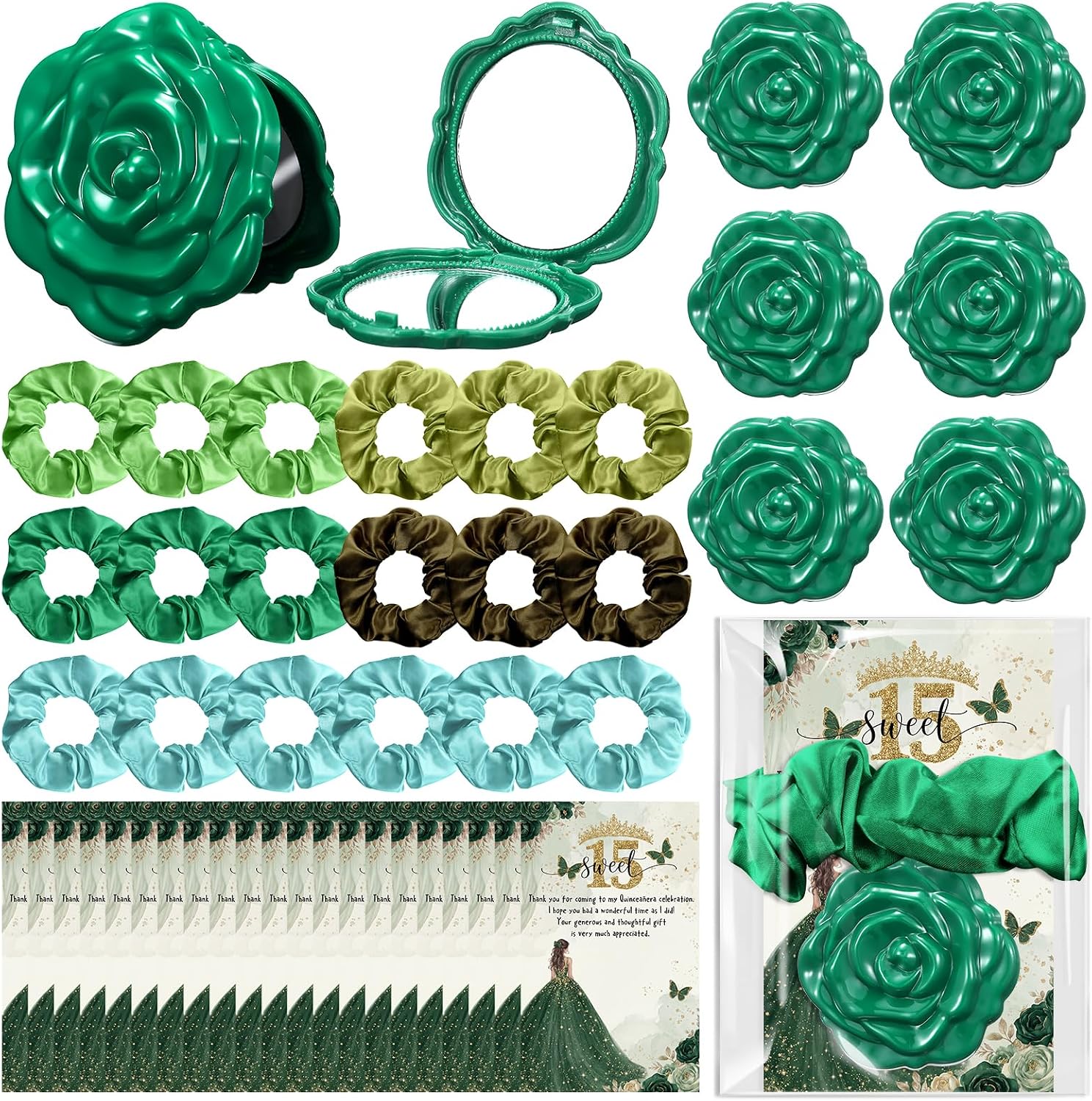 Xuhal 25 Sets Quinceanera Party Favors Sweet 15 Rose Design Compact Pocket Mirrors Hair Ties Elastic Scrunchies Thank You Cards Quinceanera Gift for 15th Birthday Party Favor Guests (Green)