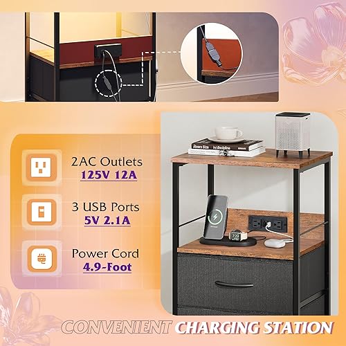 Miniatura 5 de WLIVE Mesita de noche con estación de carga, mesita de noche LED con 2 cajones de tela y estante abierto, cómoda pequeña para espacios pequeños,