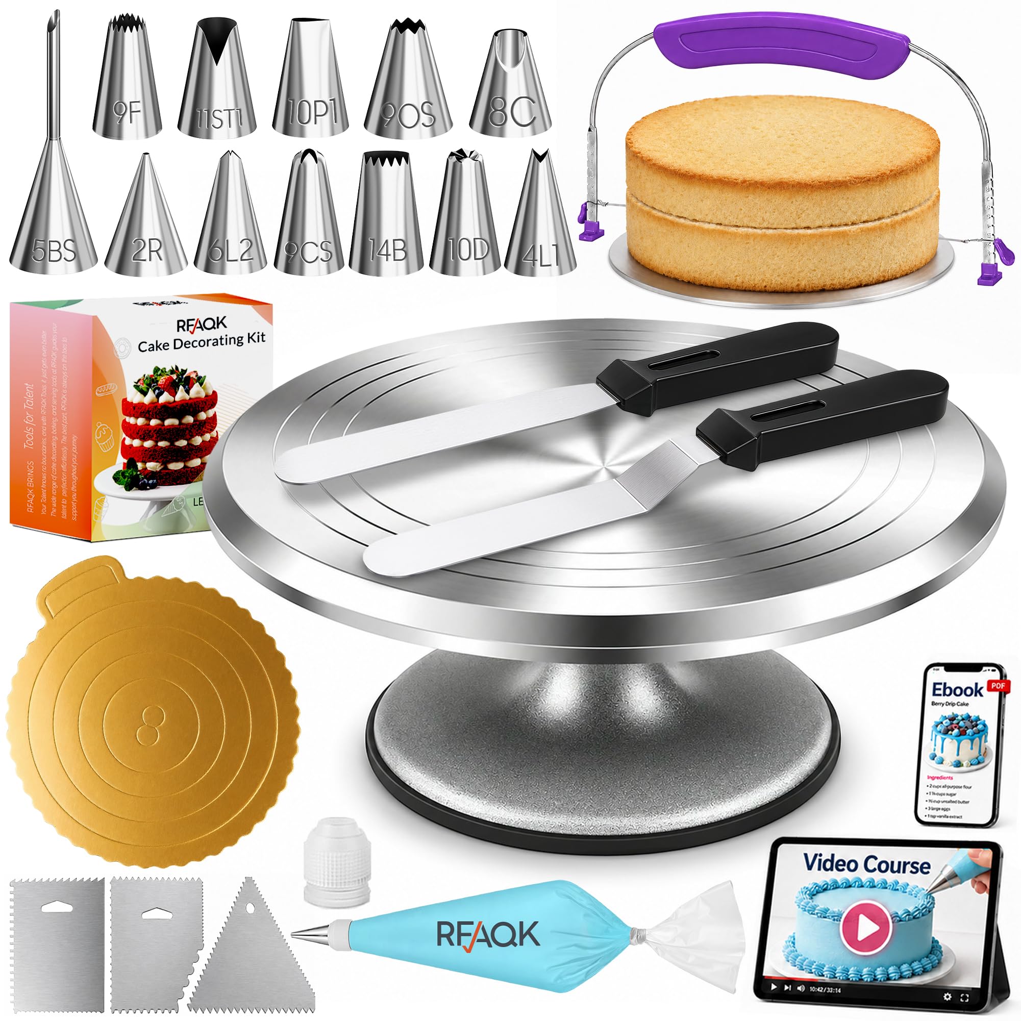 Photo 1 of RFAQK 50PCs Cake Decorating Supplies Kit with 12" Aluminum Rotating Cake Turntable Stand, Professional Leveler, Straight & Offset Spatulas, 12 Numbered Icing Tips & Bags