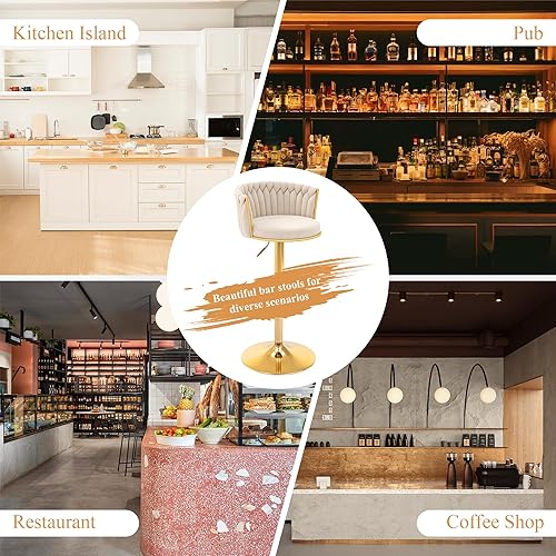 Miniatura 8 de Gold - Juego de 4 taburetes de bar giratorios de terciopelo, taburetes de mostrador de altura ajustable con respaldo tejido, taburetes de cocina