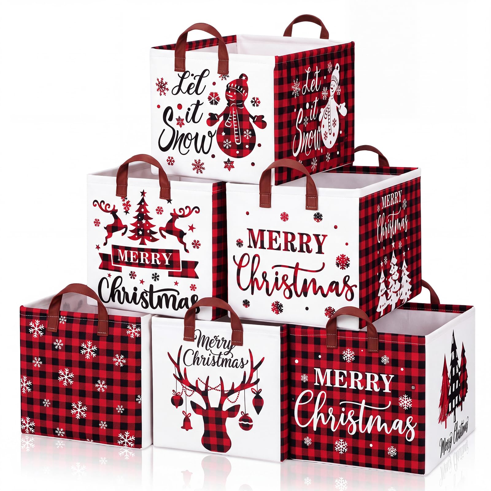 Fourluoo 6 Pack Christmas Storage Basket with Handles Buffalo Plaid Clothes Storage Basket Bin Foldable Box Bins Organizer for Closet Shelf Nursery Kid Room Book Toy Chest