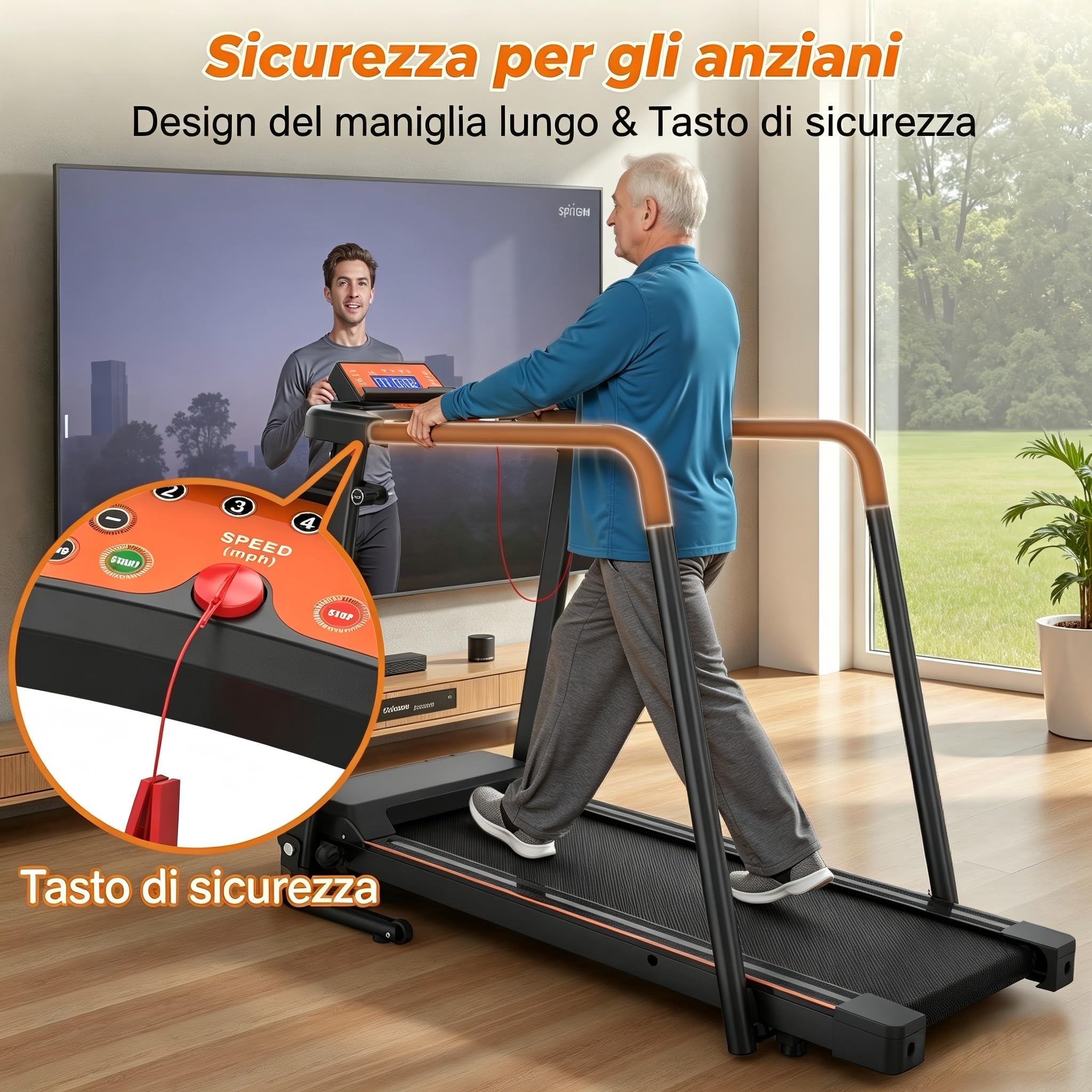 Walking Pad per anziani, tapis roulant pieghevole per casa con maniglia e app, tapis roulant elettrico e silenzioso fino a 120 kg, delicato sulle articolazioni per camminare e fitness