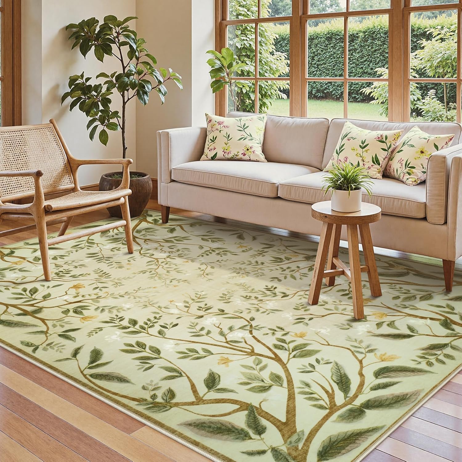 Collive Washable 5x7 Area Rugs, Green Living Room Bedroom Rug, Floral Forest Botanical Flourishing Vines Soft Non-Slip Stain Resistant Boho Carpet for Dining Room Office