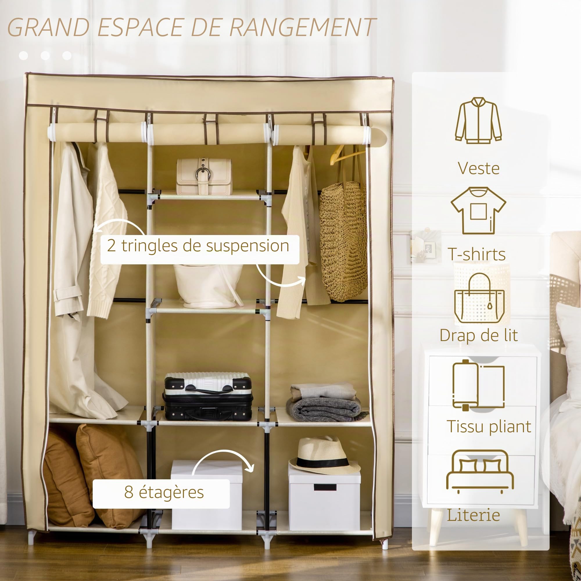 HOMCOM Armoire en Tissu avec 8 étagères, 125 x 43 x 162.5 cm, Beige