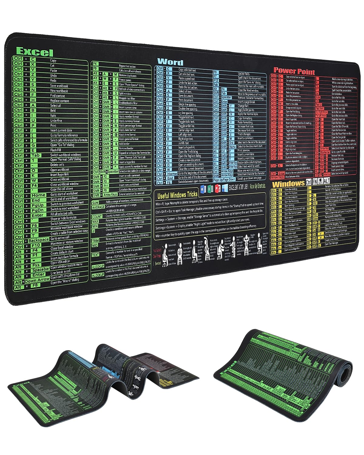 Großformatige Schreibtischunterlage mit Excel-Kurzbefehlen & Tastaturkürzeln - Wasserdichte Büro Gaming Mousepad, Rutschfest, Vernähte Kanten für Word/Outlook/PowerPoint