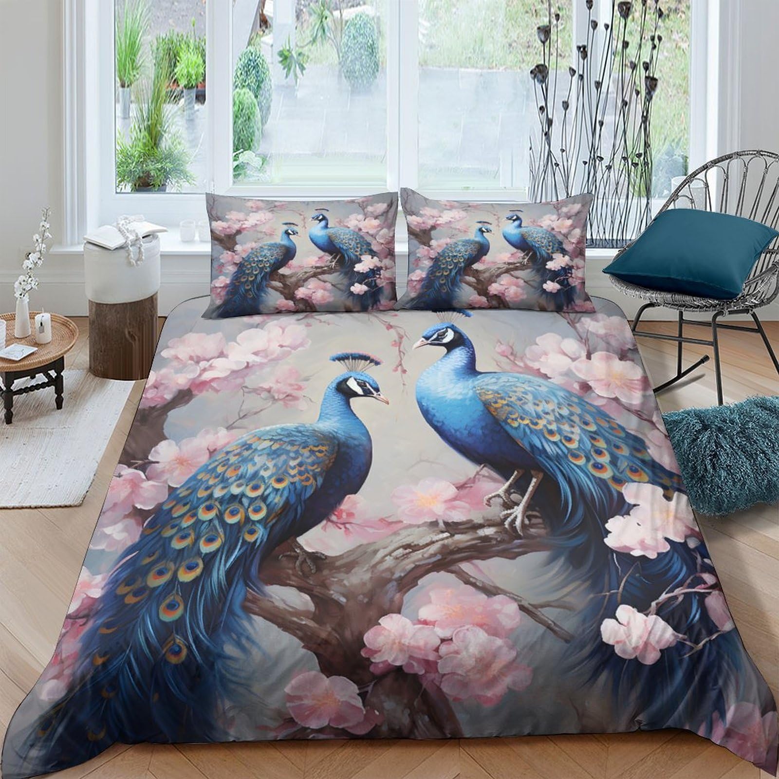 Ctjqhvkz Style-8 3D Printed Blue Peacock Fitted Sheet Microfiber Soft Floral Pink Blossom Bed Cover For Bedroom Guest Room Decor Single（135X200cm）