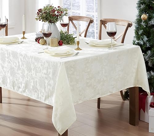 Miniatura 4 de Newbridge Mantel de damasco navideño Noel "Christmas Carol", tejido de hoja de acebo y flor de pascua, resistente a la suciedad, sin arrugas, fácil