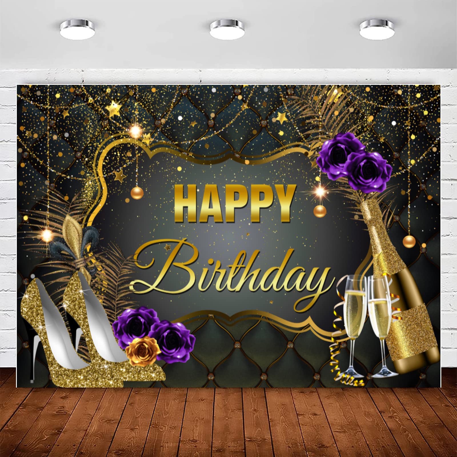 InMemory Black Gold Happy Birthday Backdrop Banner for Women Glitter High Heels Champagne Purple Bday Photography Background Adult Queen Birthday