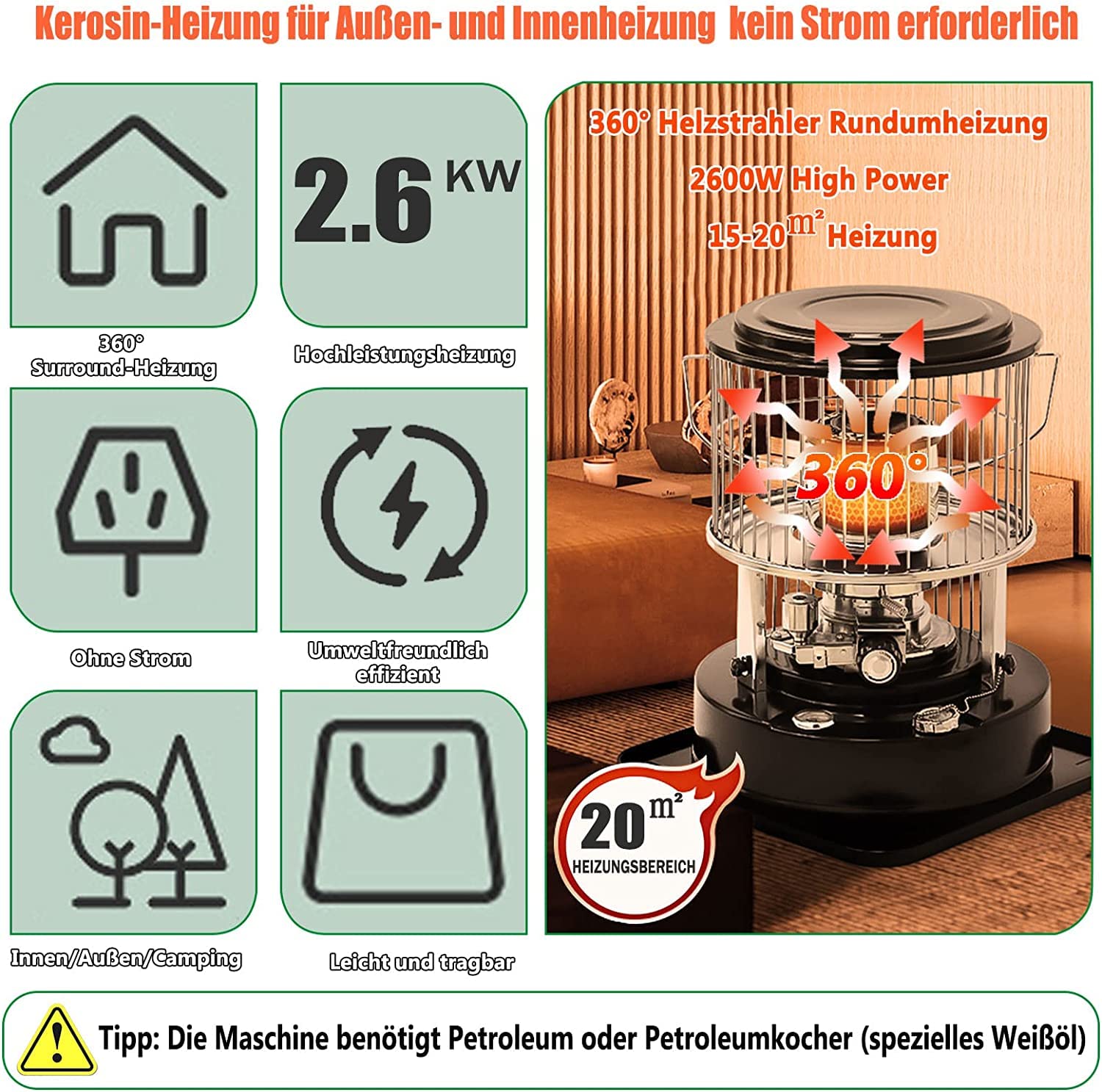 Petroleumofen für Innenräume, Ohne Strom Mobile Petroliumheizer Petroleum Heizung Heizer mit Umfallschutz und Löschautomatik 360° Heizstrahler für Indoor Zeltheizung Camping Kochen Notheizung (6L)
