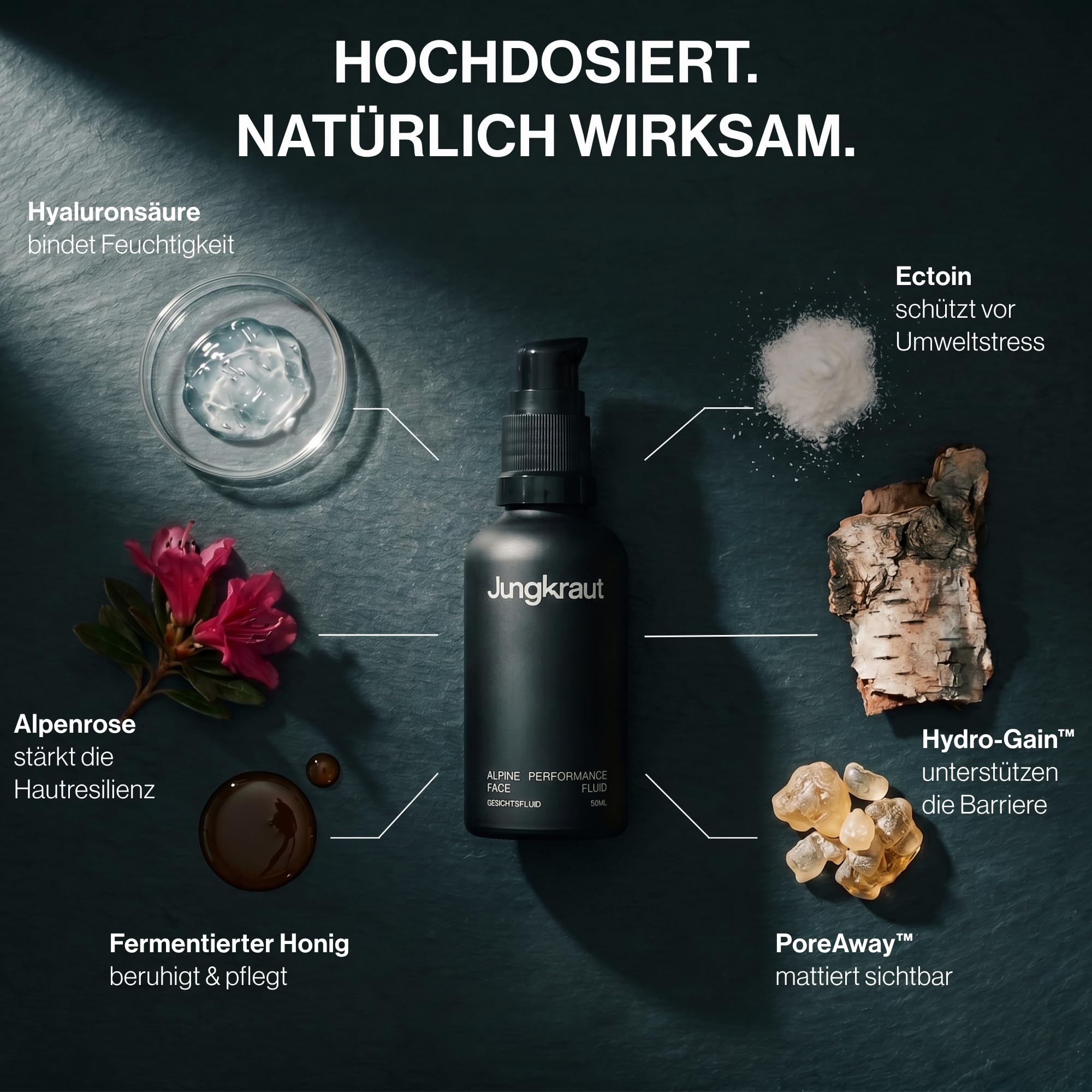 Alpine Performance Feuchtigkeitsfluid für Männer 50ml, Gesichtscreme mit Hyaluronsäure, 6 Wirkstoffe, Anti-Aging, 24h Feuchtigkeit, mattierend, ultraleicht, natürlich, Swiss Made