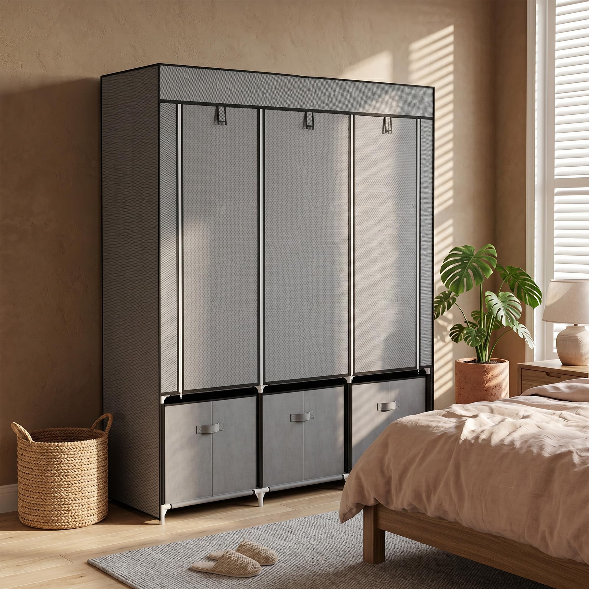 HOMCOM Kleiderschrank Stoffschrank mit Kleiderstange, Schubladen, Reißverschluss Faltschrank für Schlafzimmer, Ankleidezimmer, 125 x 43 x 162,5 cm, Dunkelgrau