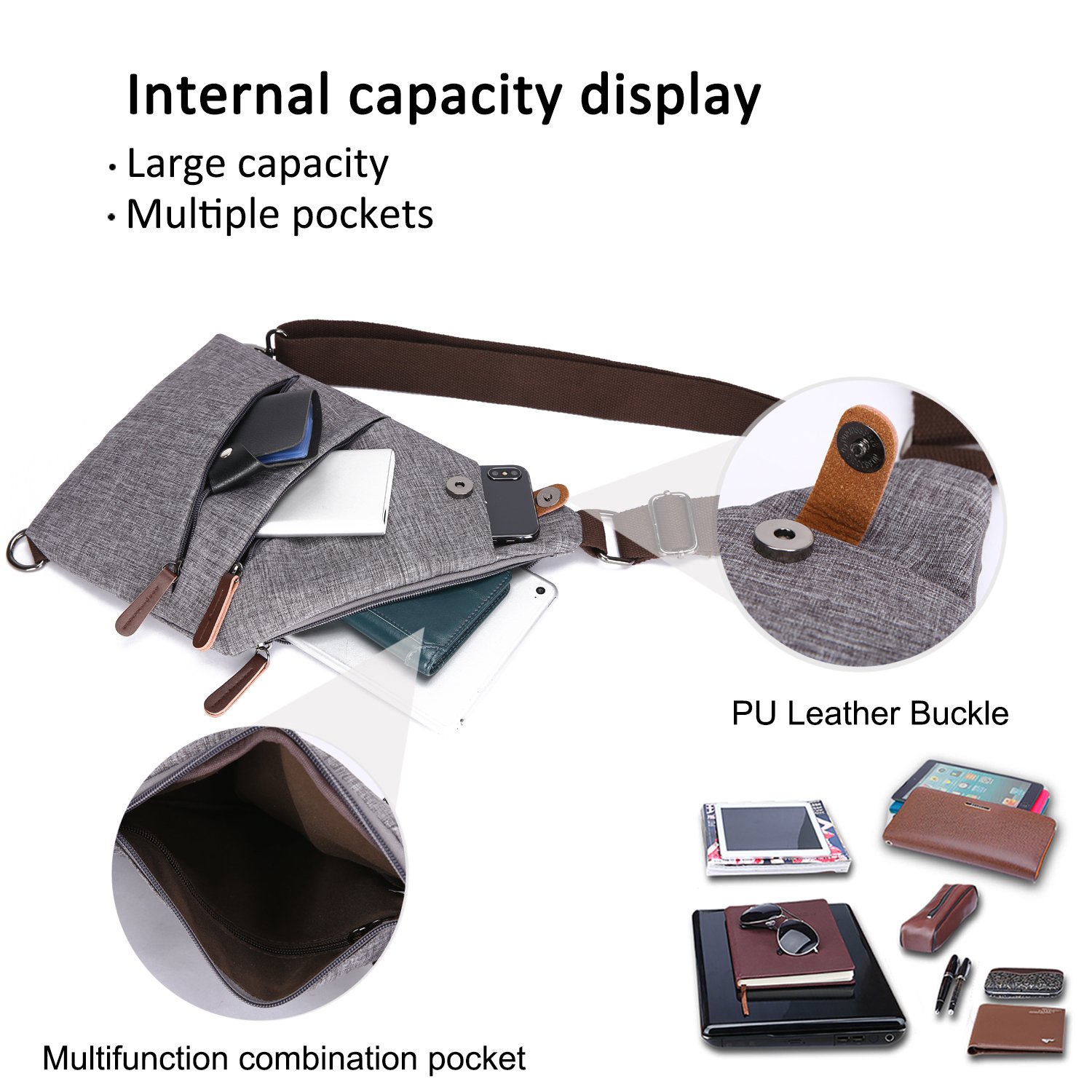 FANDARE Nouveau Sac de Poitrine Segmenté Sac d'Epaule Anti-vol Sacoche Homme Femme Sac Bandoulière Grande Sling Crossbody Bag pour Cyclisme Camping Équitation Voyage Polyester