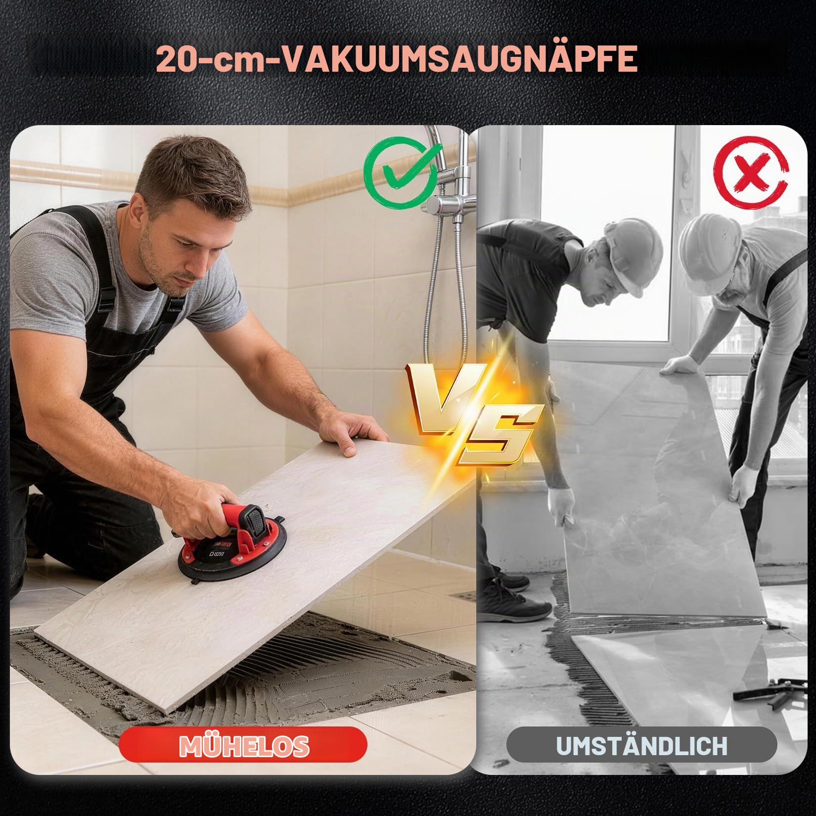 SHALL 2er-Set Vakuum-Saugheber, 200 mm Glassauger Saugnapf, 200 kg Maximaltraglast, 6-Stunden Vakuumhaltezeit, Werkzeugbox + Ersatzteile + Handschuhe für Glas, Marmor, Fliesen