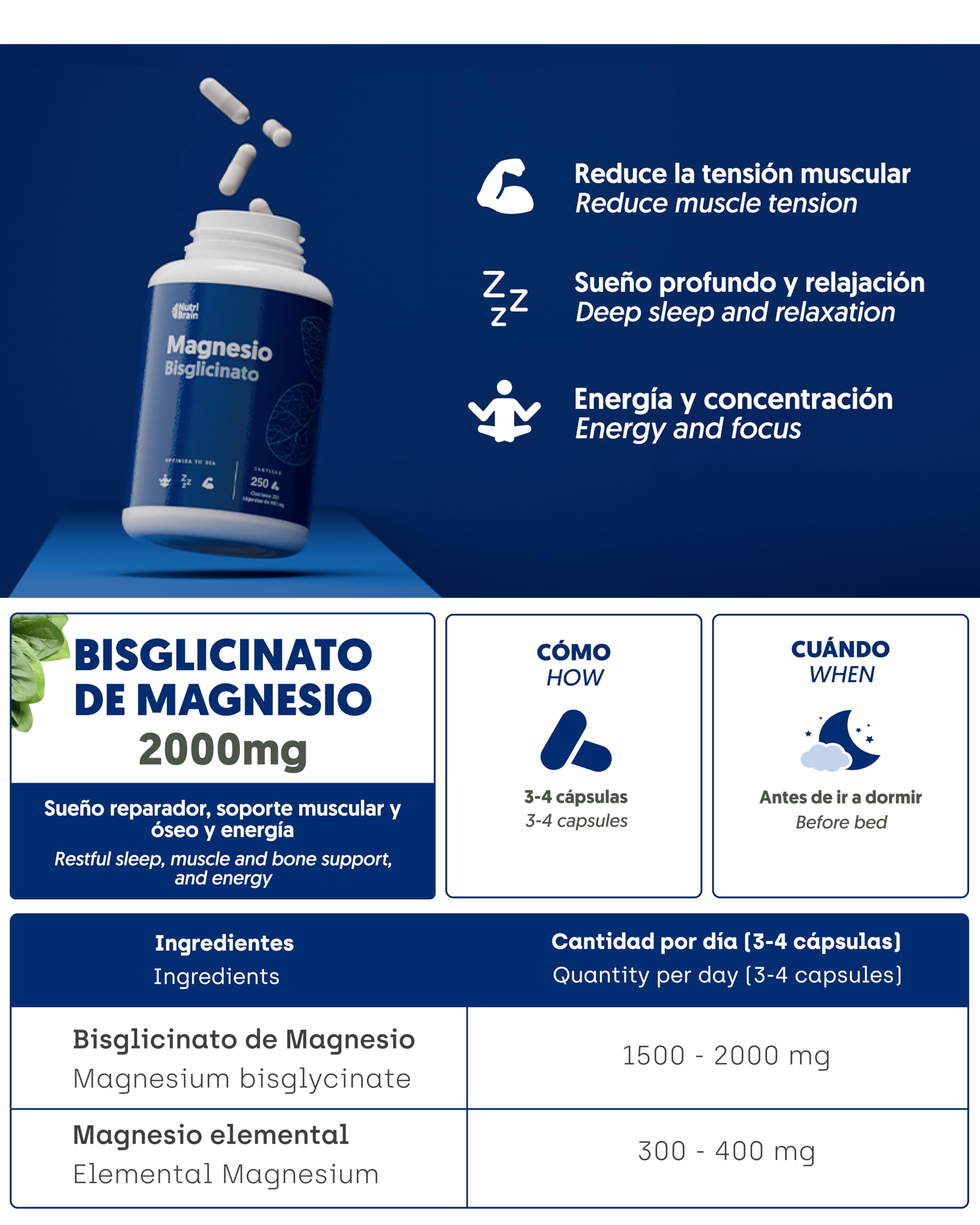 Magnesio Bisglicinato Puro 2000 mg - Dosis XXL (250 Cápsulas) | Forma Quelada para Sueño Reparador, Energía, Soporte Óseo-Muscular y Concentración | Máxima Biodisponibilidad, Sin Efectos Laxantes