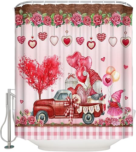 CHARMHOME Fabric Bathroom Shower Curtain Valentines Day Red Truck with Gnomes Romantic Love Hearts Tree Waterproof Curtains with 9 Hooks 36x72 Inch