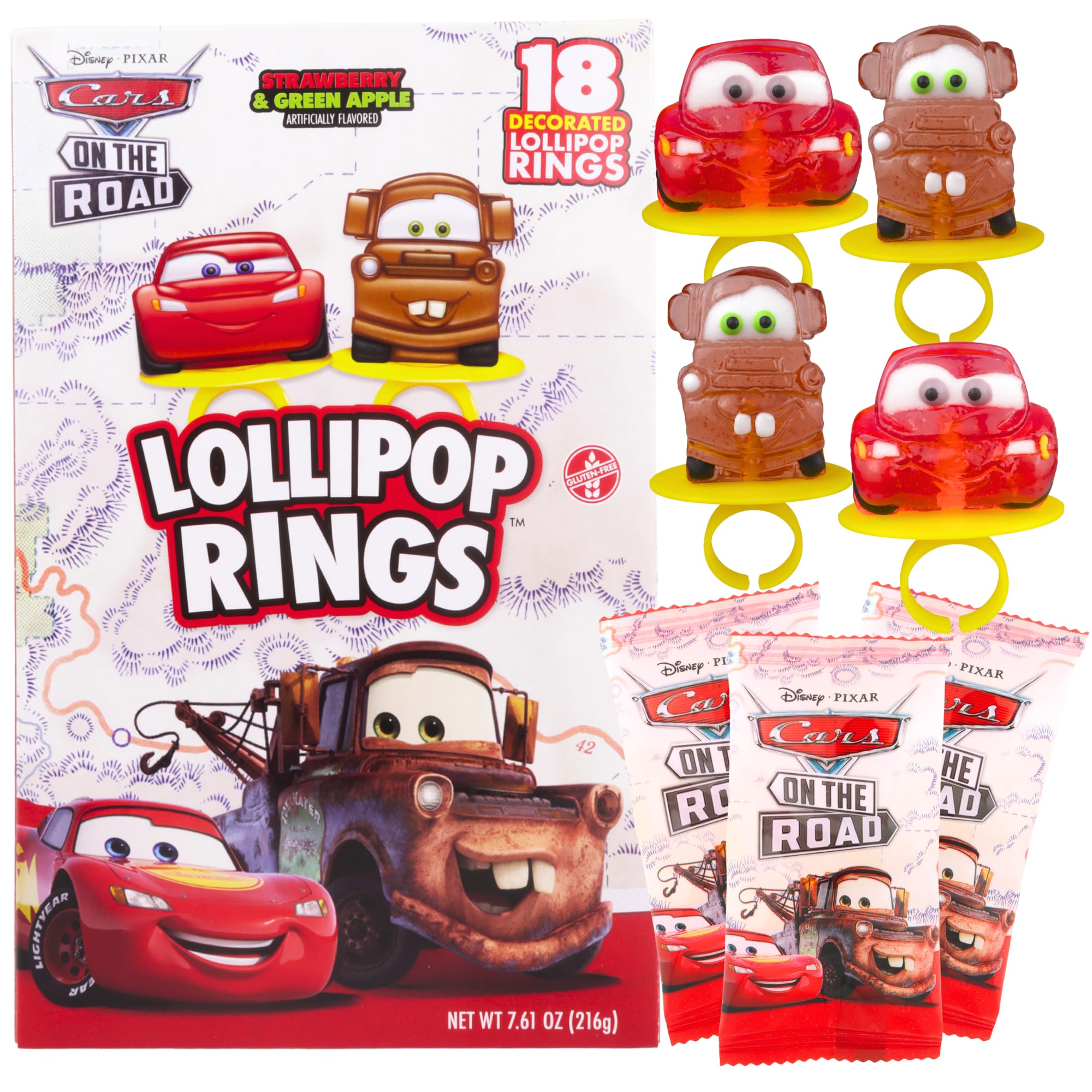 Disney Pixar Cars Candy Individually Wrapped Lollipop Rings, Lightning McQueen and Mater Decorated Suckers, Birthday Party Favors, 18 Count