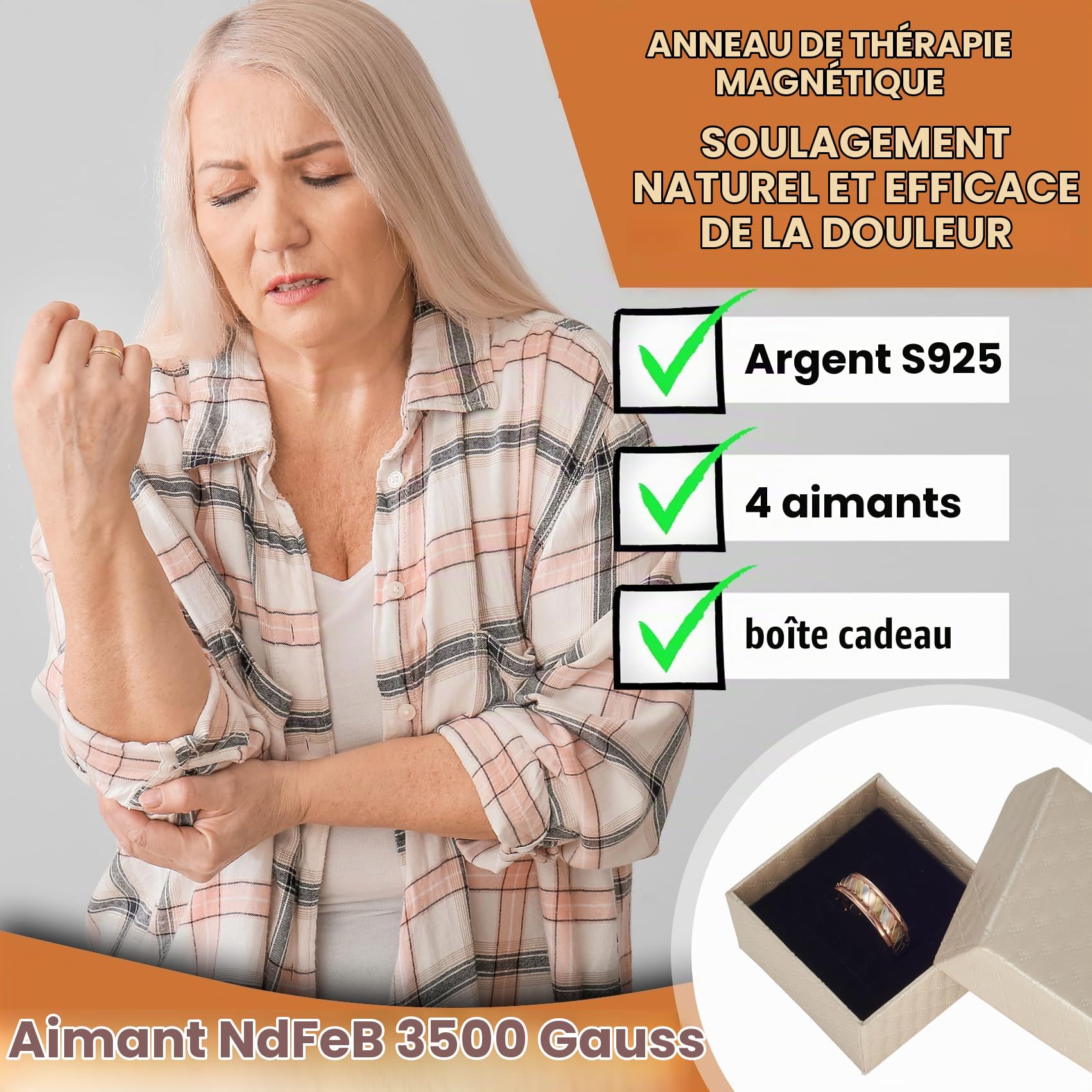 S925 Bague magnétique en argent pour l'arthrite 3500 gauss 4 aimants, soulage efficacement la douleur de l'arthrite et favorise la circulation sanguine, 2.3 pouces