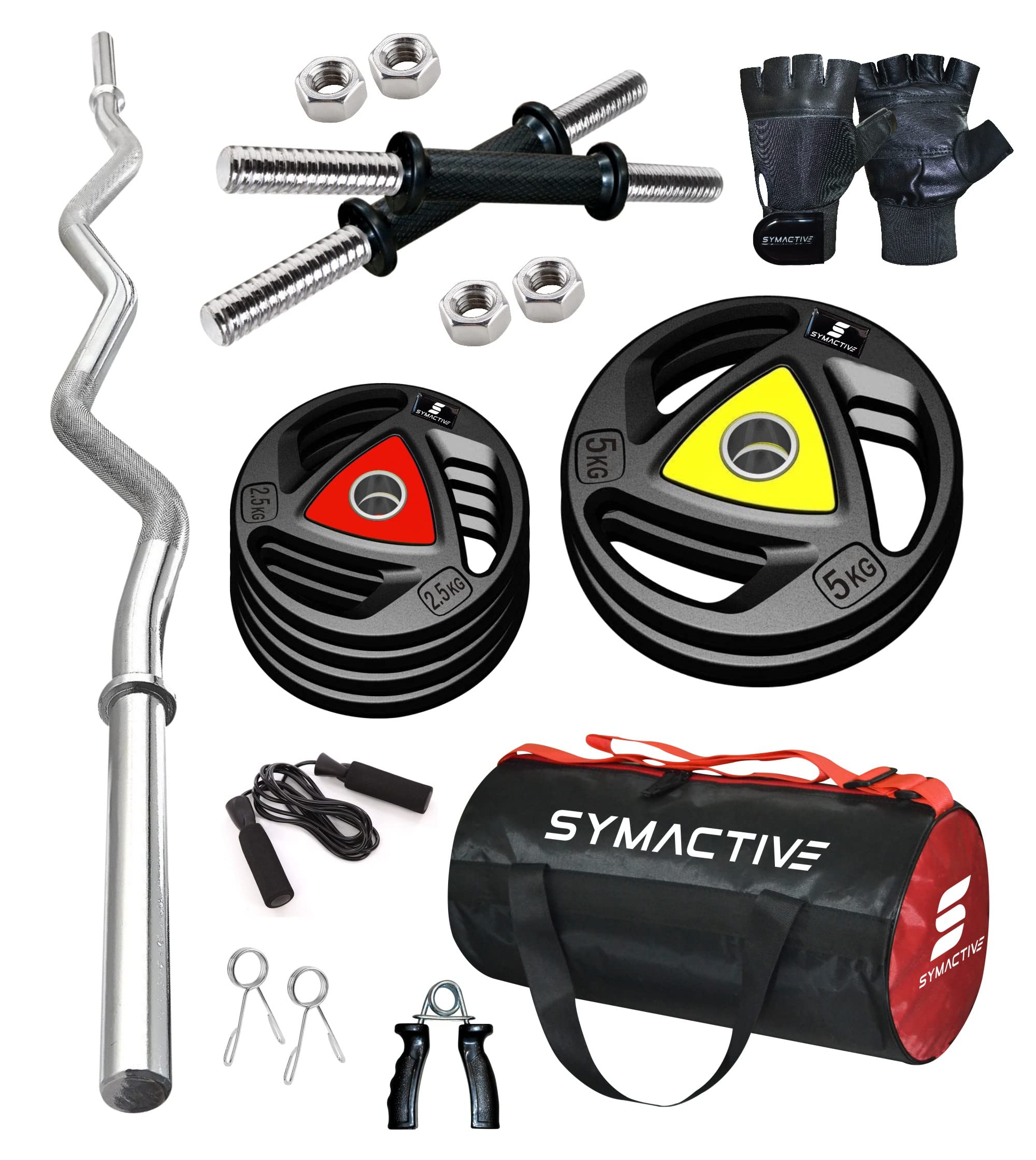 Amazon Brand - Symactive Professional Home Gym Set with Rubber-Coated Metal Plates, Rods, Gloves, Hand Grip, Skipping Rope and Gym Bag, 20 kg, Combo 3 (B08R188V2P) Amazon Price History, Amazon Price Tracker