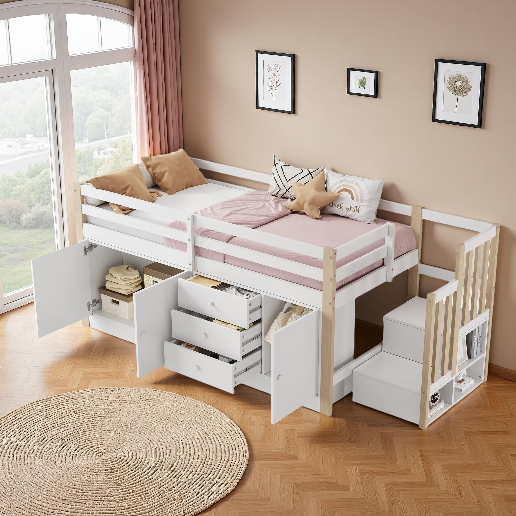 Zubaliya Lit Mezzanine Enfant Avec Bureau Et échelle De Rangement,Lit Superposé Avec Garde-Corps,Cadre De Lit Enfant 90x200 Avec Sommier à Lattes,Blanc