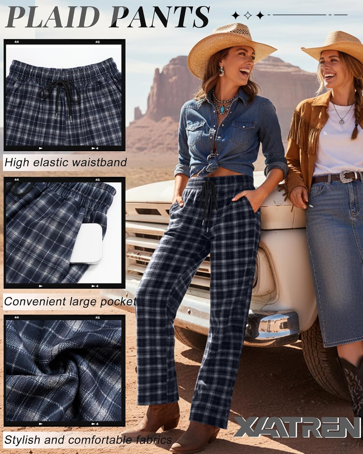 Women's Plaid Pants Gingham Lounge Pajama Pants Drawstring Loose Bottoms Wide Leg Trousers with Pockets - Image 3