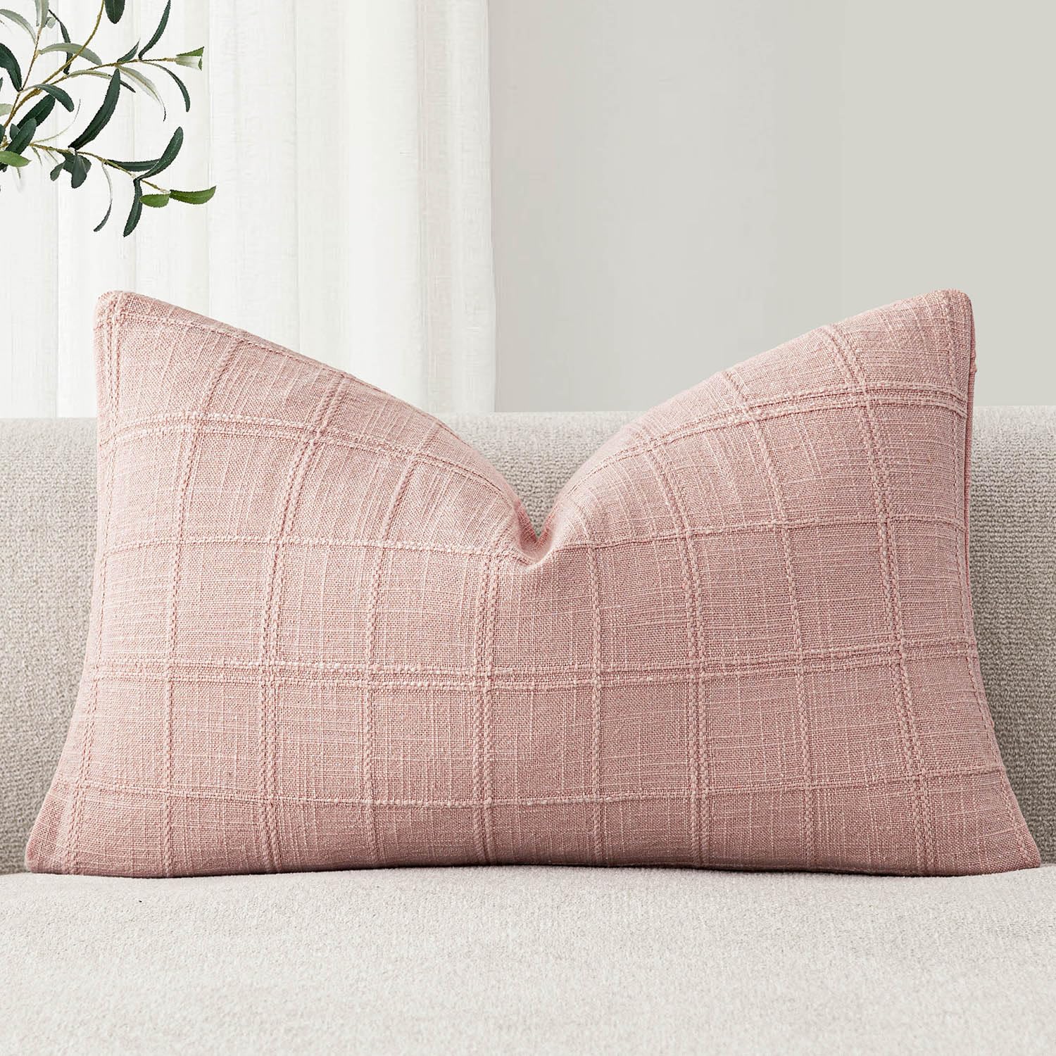 Foindtower Set of 1 Decorative Linen Check Throw Pillow Cover Neutral Farmhouse Lumbar Cushion Cover Modern Coastal Boho Accent Home Decor for Sofa Chair Couch Bed Living Room,12×20 Inch,Light Pink