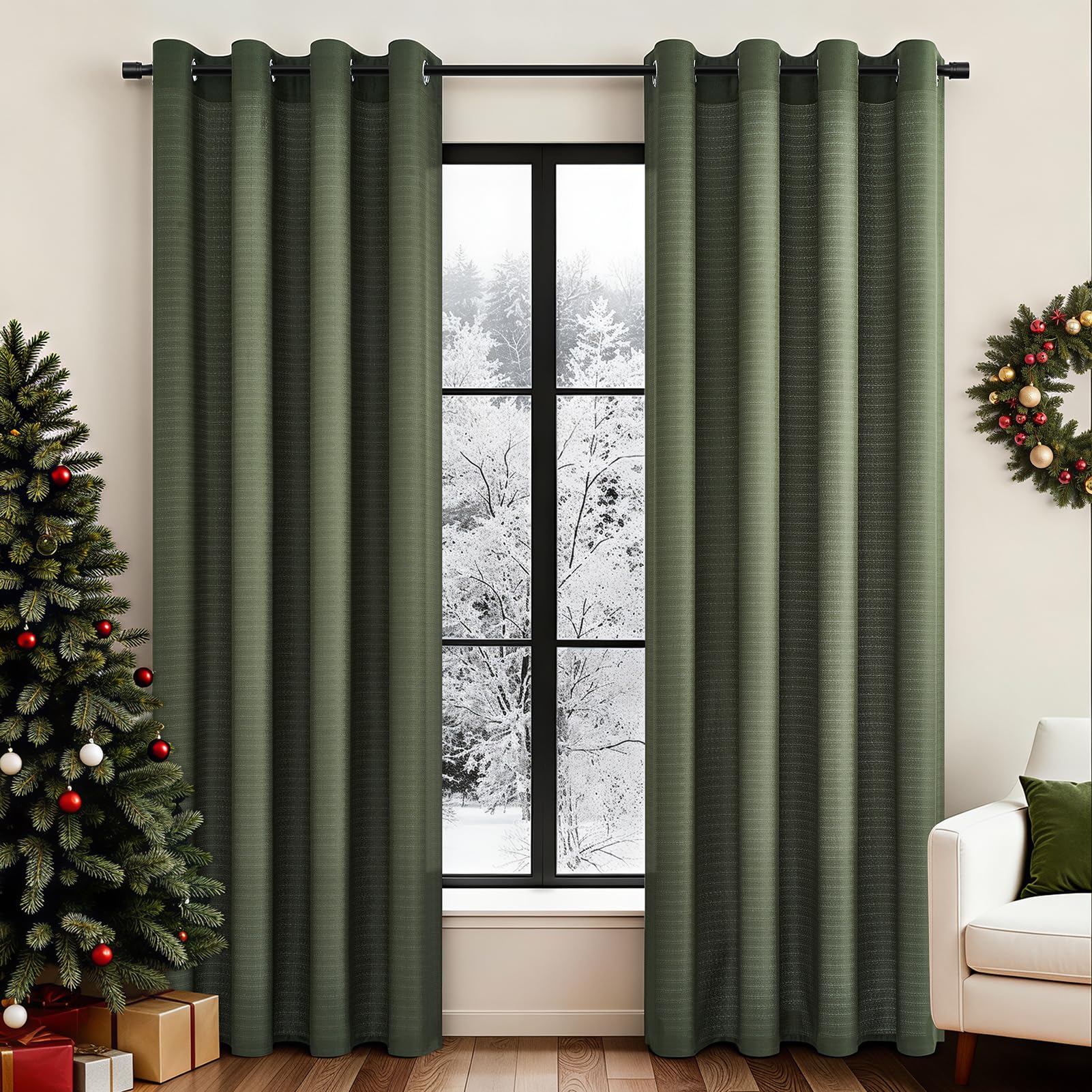 Topfinel Voile Vorhänge Grün mit Ösen Halbtransparent Gardine Leinenoptik Garn Muster Fensterschal für Wohnzimmer Schlafzimmer, 2er Set 140x225cm