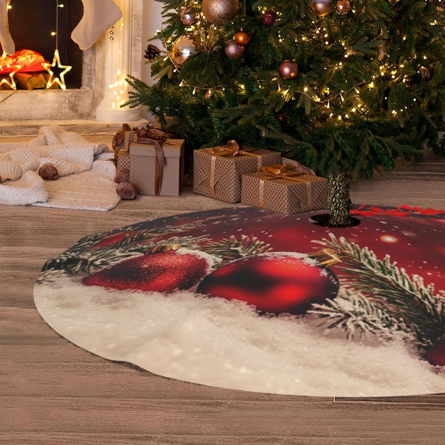 Christmas Tree Skirt Red Christmas Ball Glitter Soft Polyester Holiday Tree Base Cover, Decorative Xmas Tree Mat 36 Inch for Home, School, Office