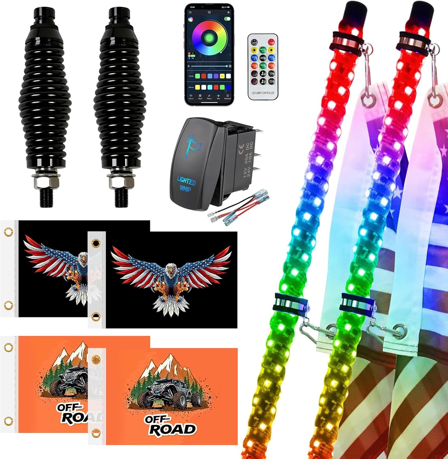 2 Pack 3FT Whip Lights with Spring Base,LED Whip Light with App &Remote Control, Spiral RGB Chasing Lighted Whips with Rocker Switch,Music Whip Light for UTV ATV Polaris RZR Can-Am SXS Truck