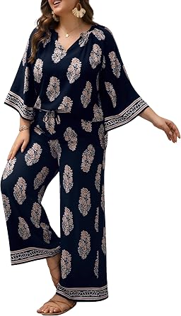 Womens Plus Size 2 Piece Outfits Boho Floral 3/4 Sleeve Blouse Belted Wide Leg Pant Set Loose Fit Loungewear Casual
