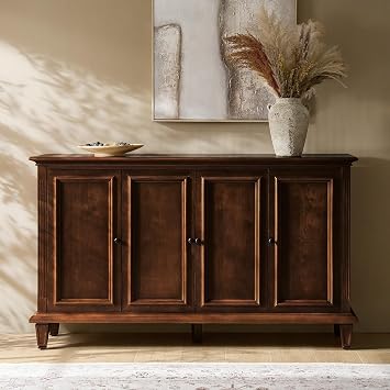 HULALA HOME Traditional Sideboard Buffet with Racks, Rubber Wood Legs, 58" Cabinet with Drawer Organizers for Living Room/Kitchen, Walnut