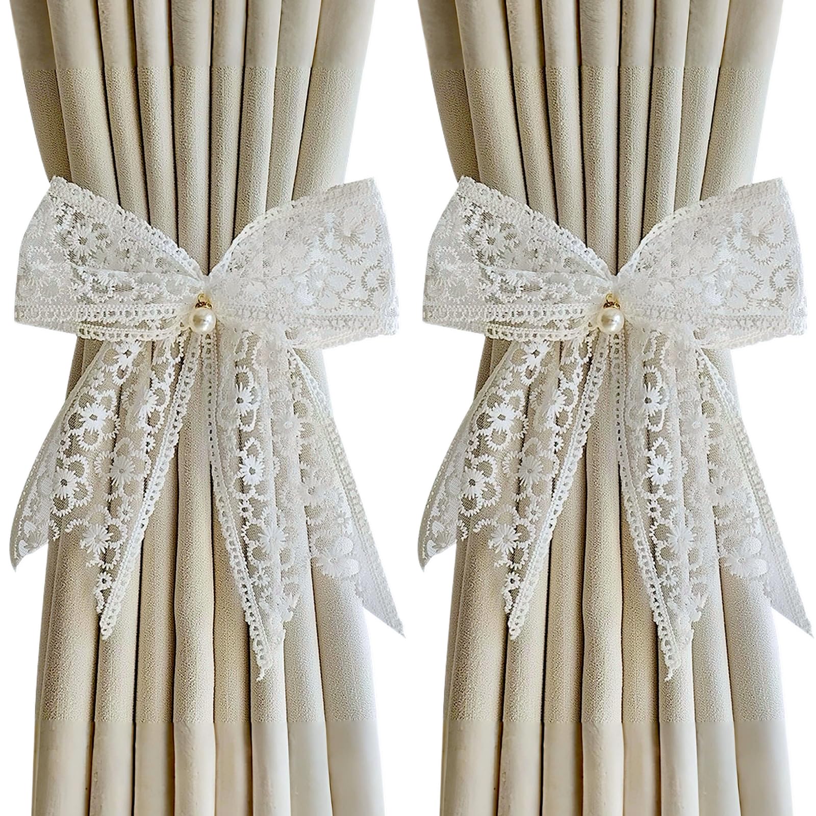 qbodp 6 Pezzi Fermatende per Tende con Fiocco in Pizzo, Fermatende Ricamati per Tende, Fermatenda Decorativi per Tende per Matrimoni