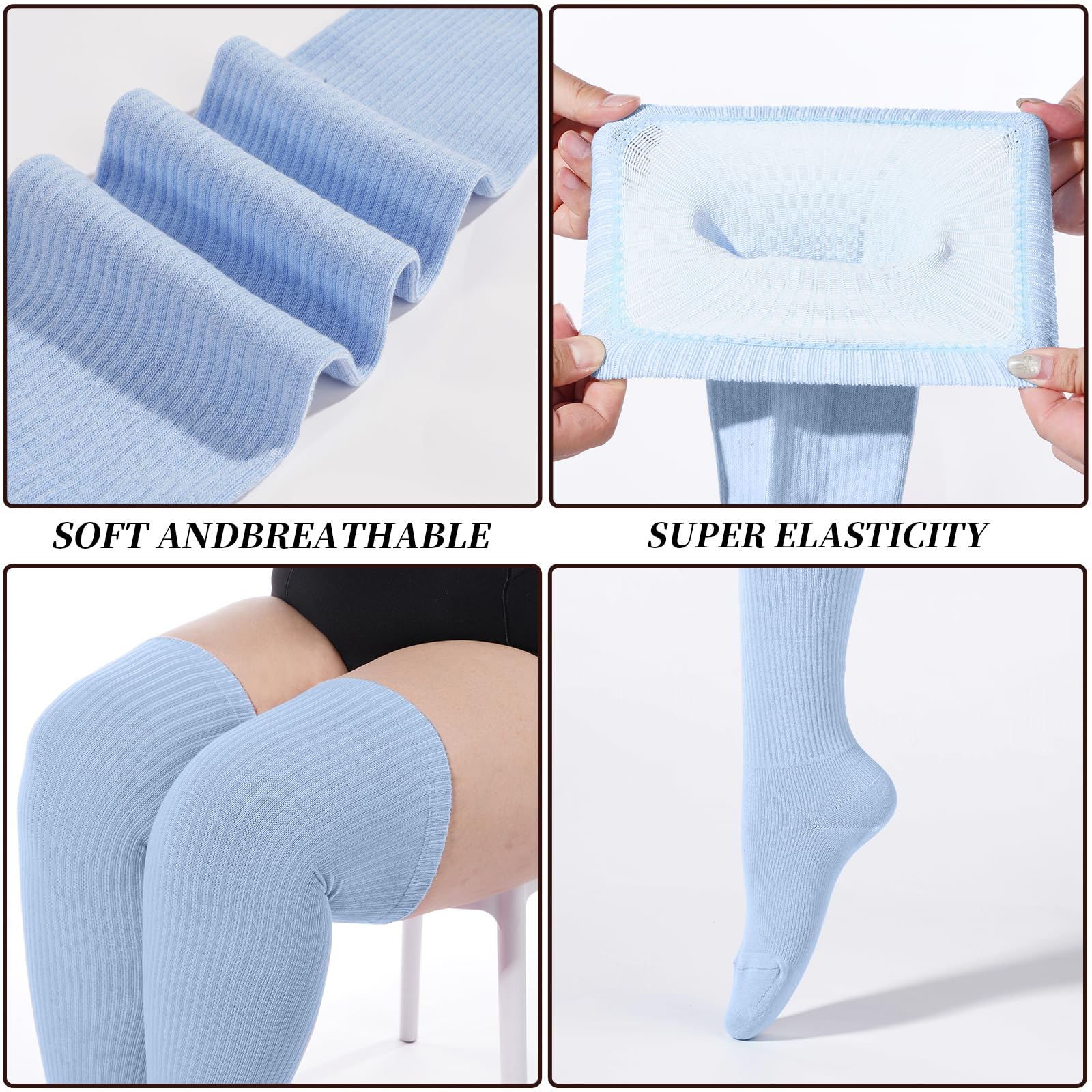Moon Wood Plus Size Thigh High Socks for Thick Thighs- Womens Knit Cotton Extra Long Over the Knee High Socks Leg Warmer: One Size Plus Light Blue