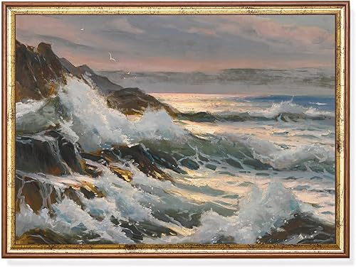 Póster de arte vintage con olas oceánicas, arte vintage de olas oceánicas, impresión de paisaje marino costero, decoración retro, casa de playa,