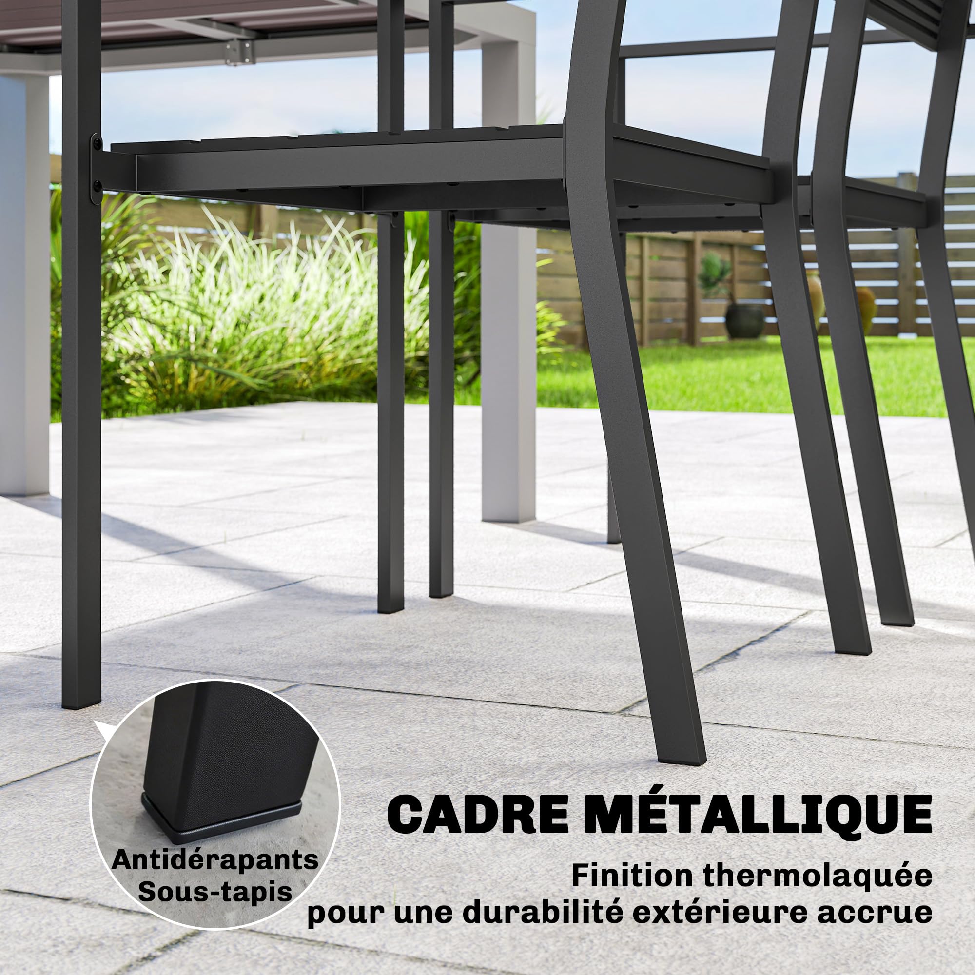 Outsunny Lot de 4 Chaises de Jardin Chaises de Salle à Manger Empilables - HDPE Effet Bois avec Accoudoirs Résistant aux Intempéries - Fauteuils Extérieurs pour Terrasse Balcon Repas Plein Air, Noir