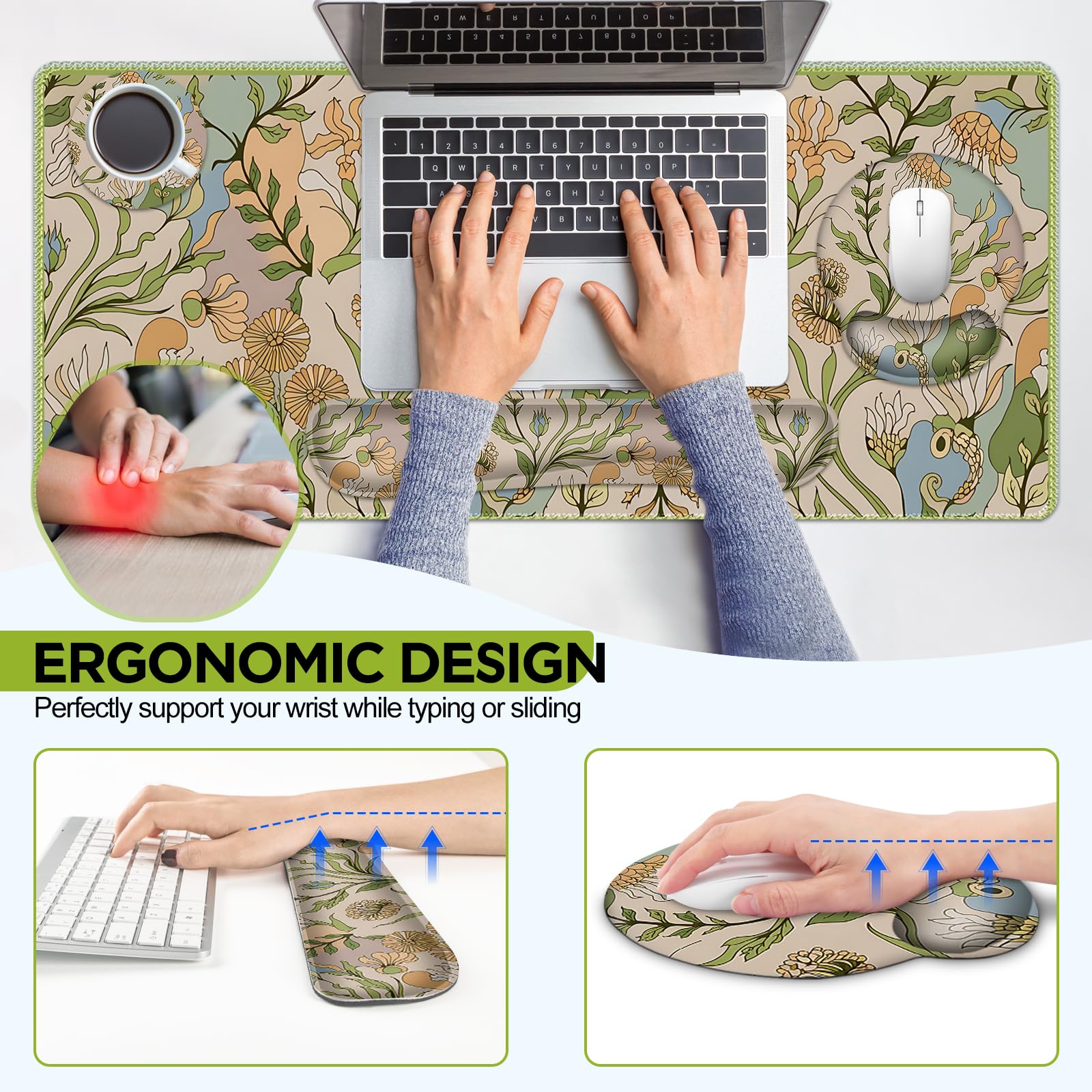AIMSA Grand tapis de souris ergonomique avec repose-poignet, tapis de souris de jeu avec support de poignet, tapis de clavier combo accessoires de décoration de bureau, plantes abstraites à fleurs