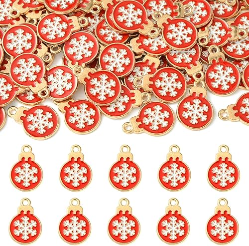 LiQunSweet 100 adornos de bola de Navidad rojos, dijes esmaltados de copos de nieve dorados para hacer joyas