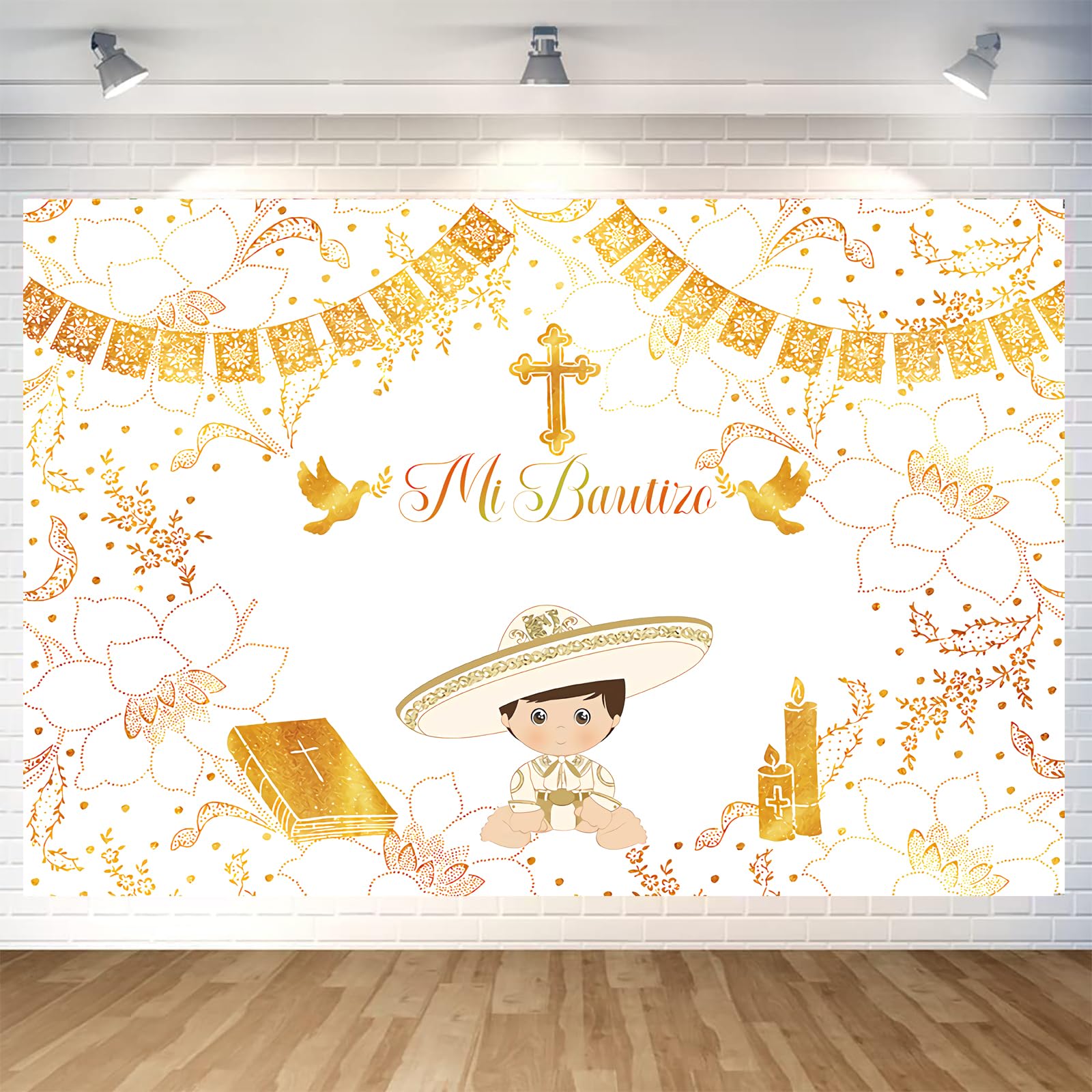7x5ft God Bless Backdrop for Girl First Holy Communion Baptism Christening Photography Background Bible Gold Cross Peace Dove Flags Party Decorations