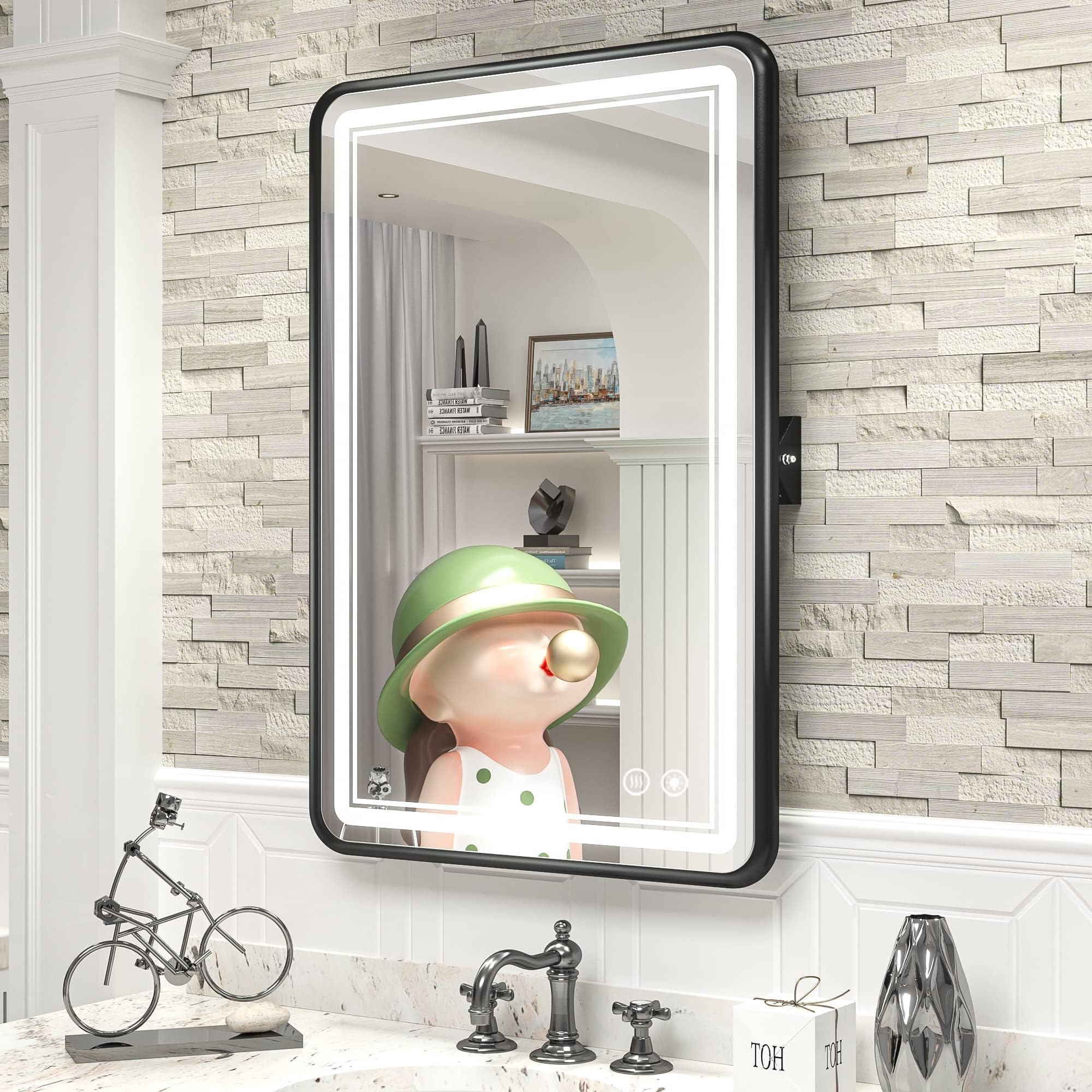 TokeShimi 20 x 30 Inch LED Bathroom Mirror Pivot Black