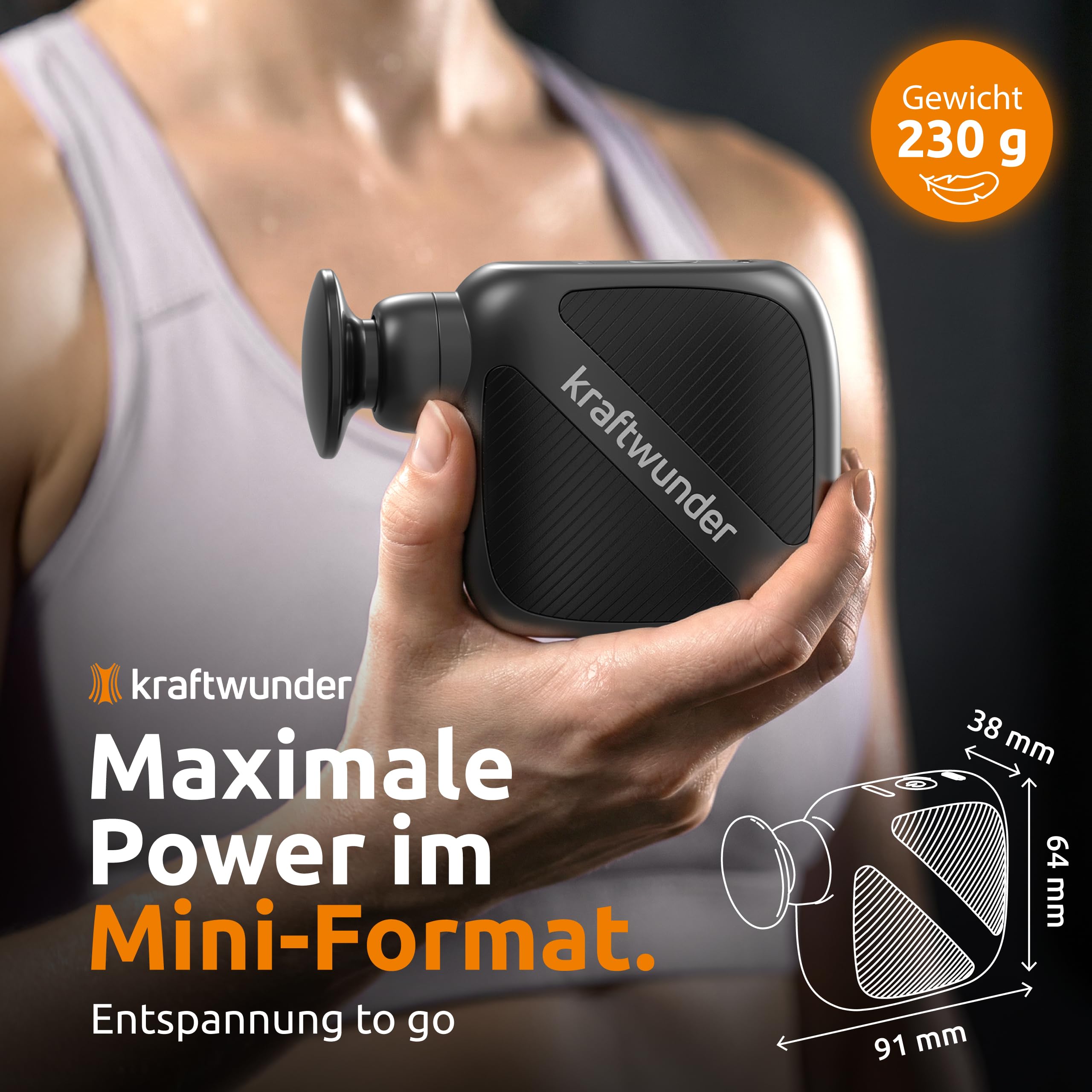 Mini Massagepistole - Kompakt & flüsterleise für Nacken, Rücken & Triggerpunkte - Effektive Tiefenwirkung mit 6 mm Hub, 4 Stufen, 230 g leicht, USB-C, inkl. Case & Silikonköpfe (Schwarz)
