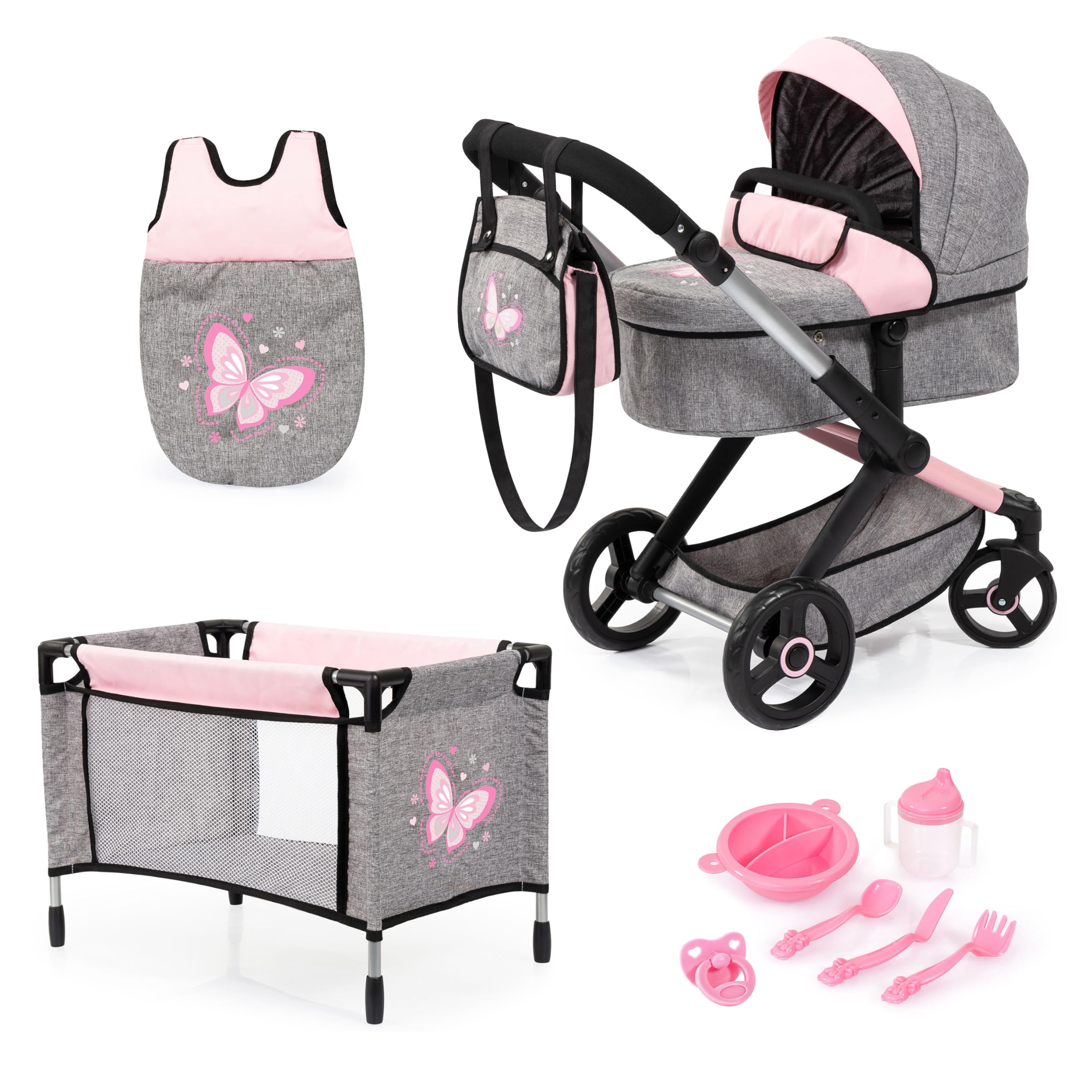 Bayer: Xeo Mega 10 Piece Set - Grey, Pink, Fairy - Pram, Bed, Handbag, Feeding & Care Accessories for Dolls Up to 18", Kids Toy, Ages 3+