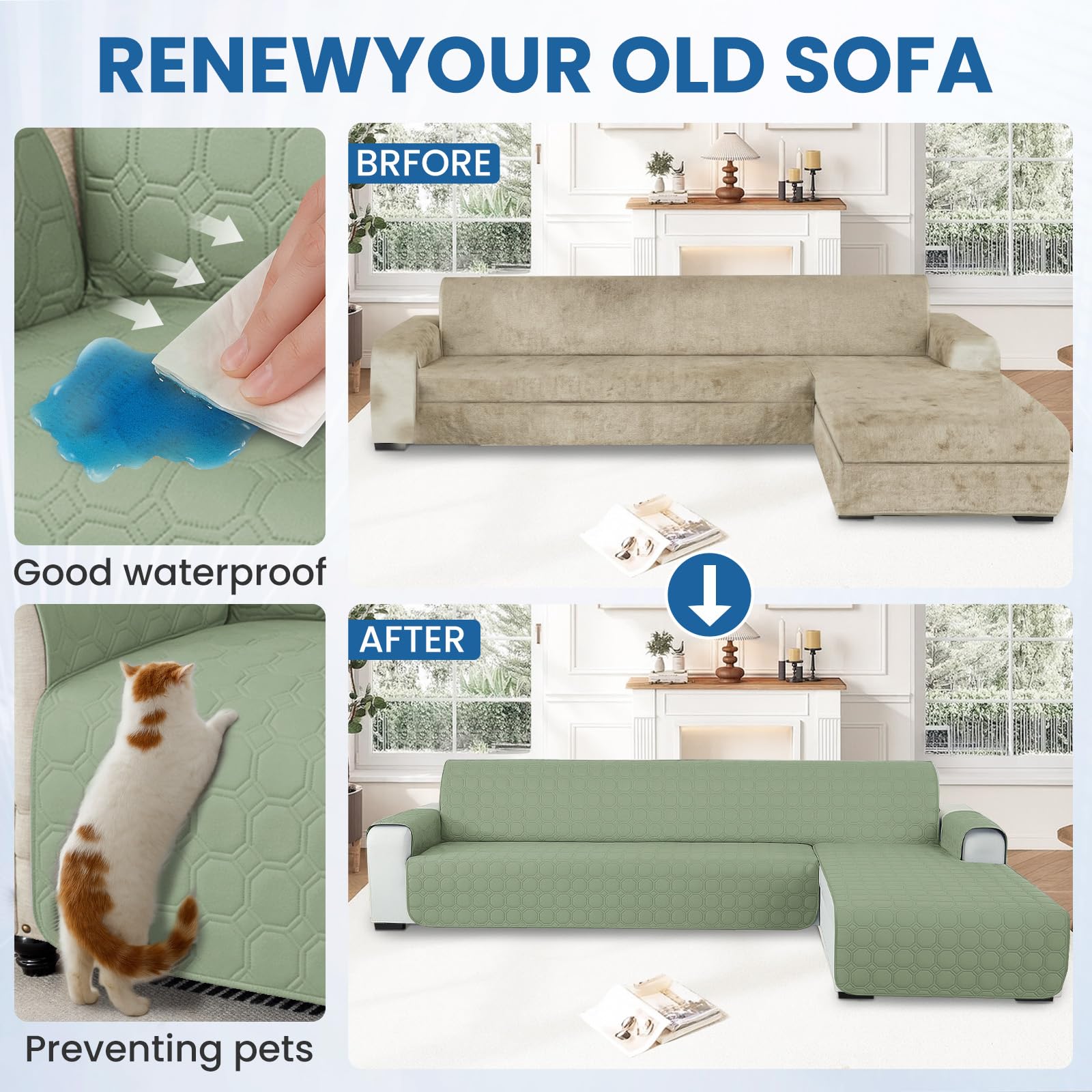 Ystyle Copridivano Impermeabile con Penisola 2 Posti (L 210 CM), Copridivano Angolare Destra/Sinistra Universale Reversibile, Copridivano Chaise longue Antigraffio Antimacchia, Verde Menta