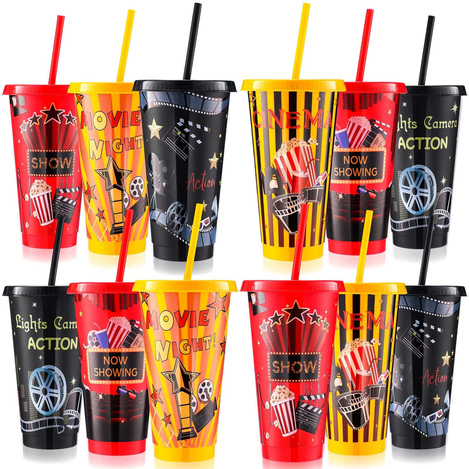 Sweetude 12 Pcs Movie Night Cups Movie Night Party Supplies Favors Movie 24oz Cups with Lid and Straw Disposable Plastic Cups for Movie Party