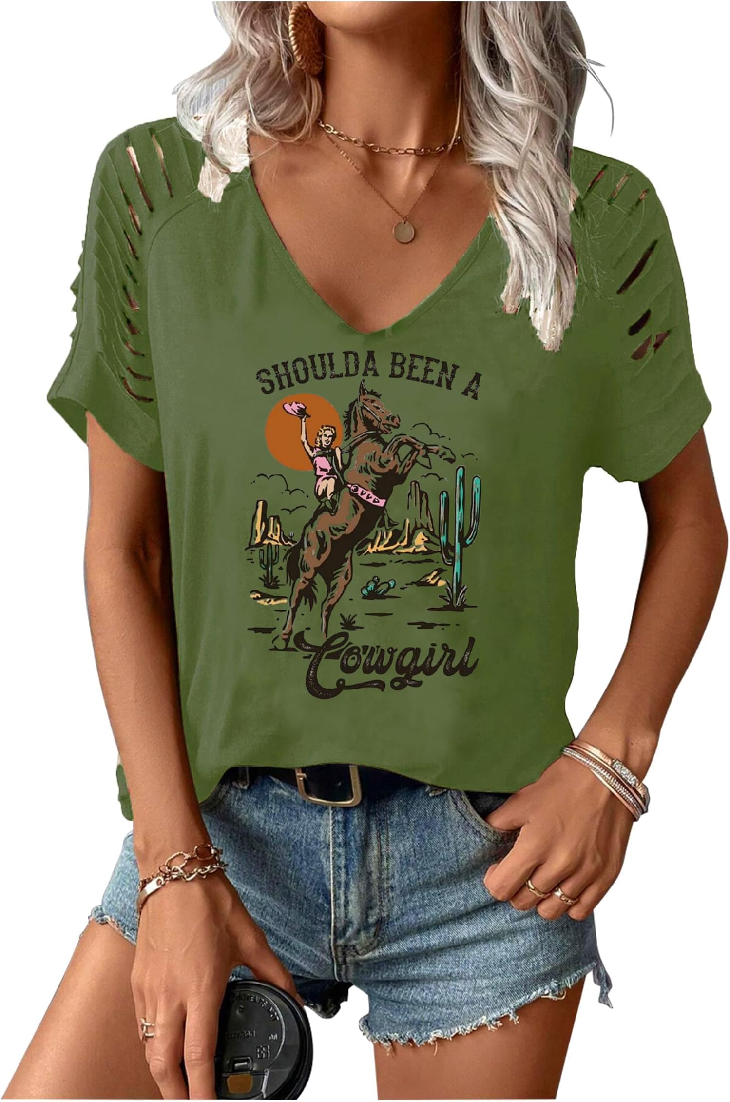 Rock Band T-Shirt for Women V-Neck Country Music Short Sleeved Shirt Retro Nashville Guitar Graphic Hollowed Tee Tops