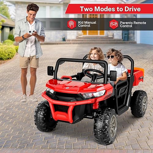 Miniatura 4 de Hikole Juguetes de paseo de 24 V para niños grandes con cama volquete eléctrica, camión de 2 plazas con control remoto, funciona con batería de 7